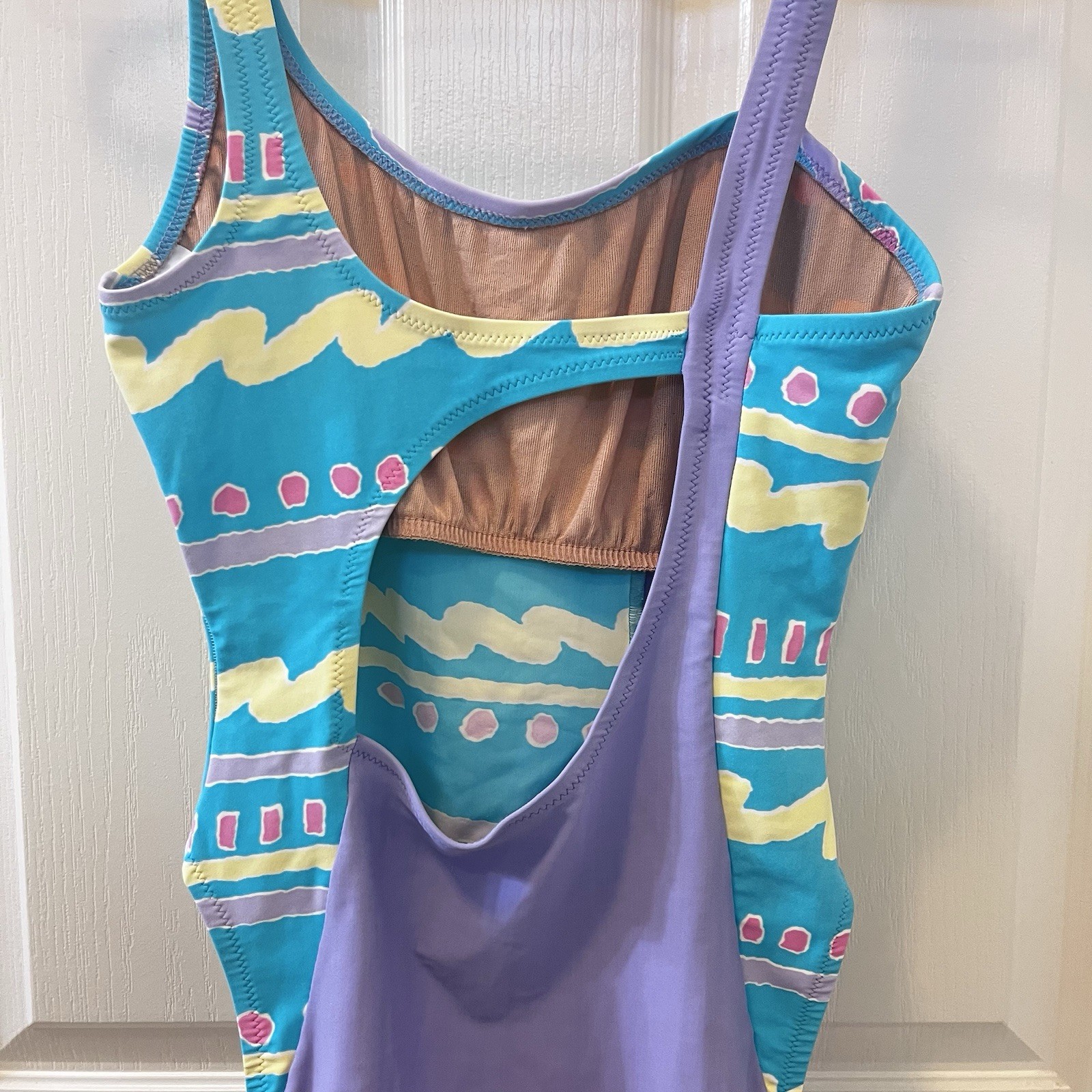 Vintage JAG One Piece Swimsuit Aqua Purple Pastel Abstract High Cut 80s Size 10