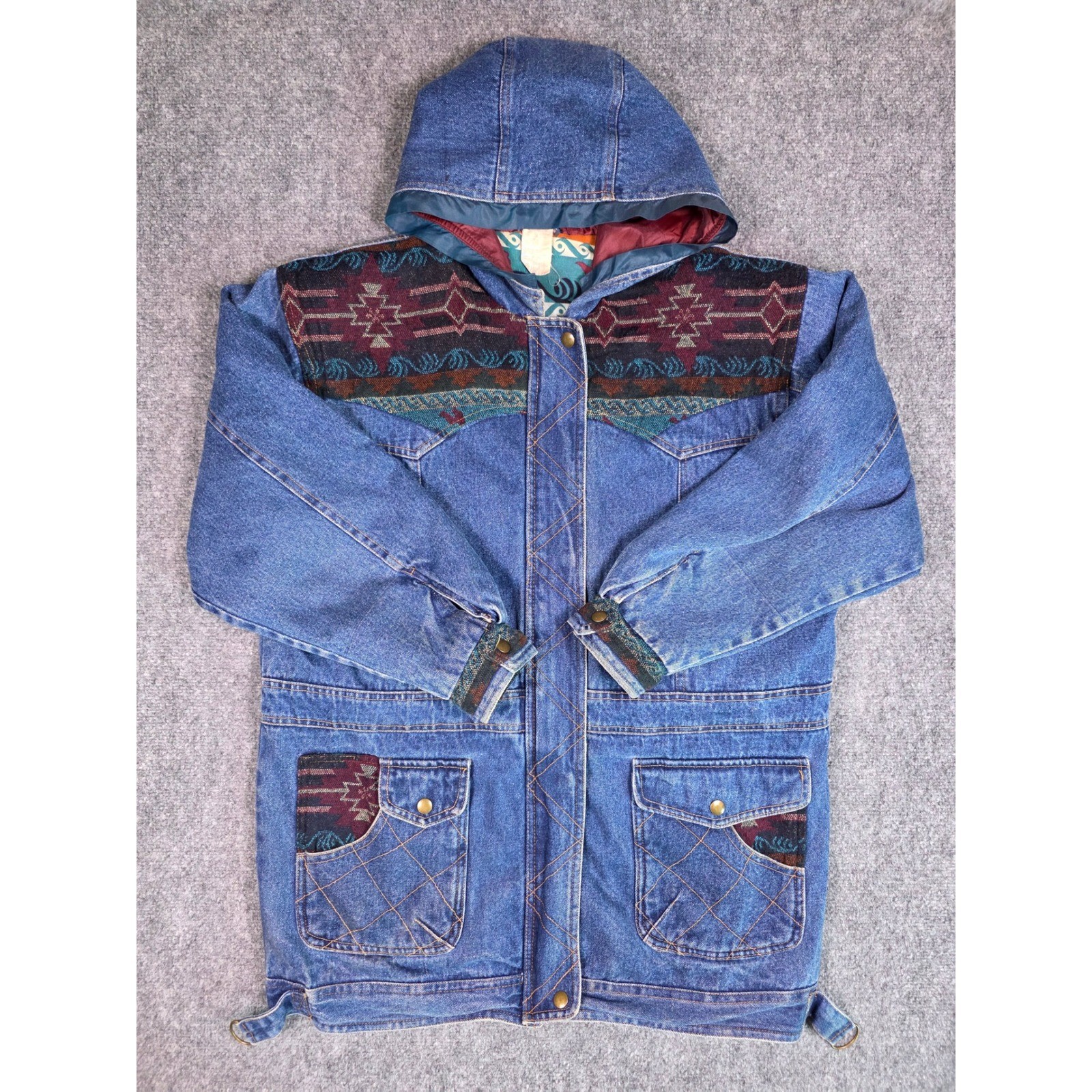 Vintage 90s Southwestern Aztec Denim Jacket Womens M Hooded Blanket Lined Long