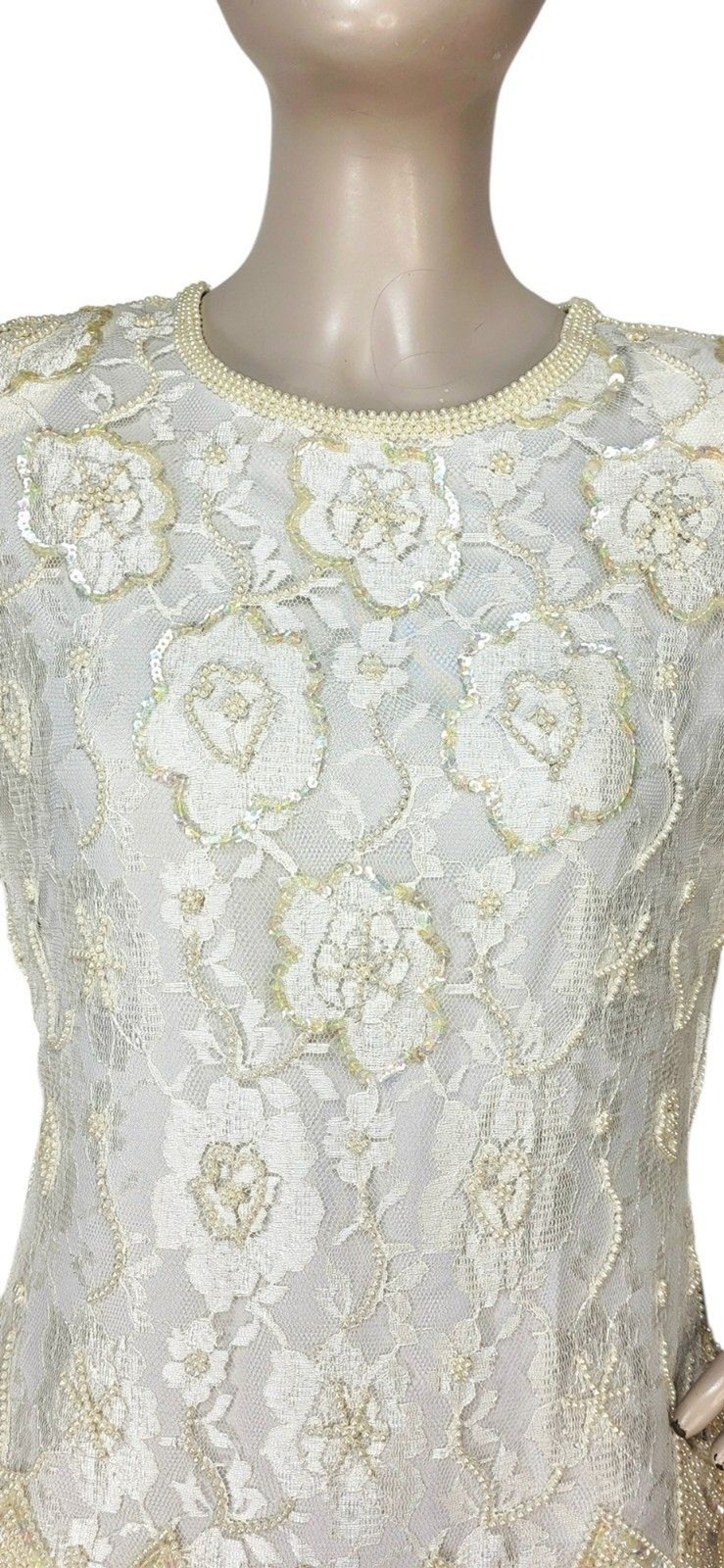 Vintage Laurance Kazar Creme Pearl Beaded Sequined Tiered Chiffon Formal Dress