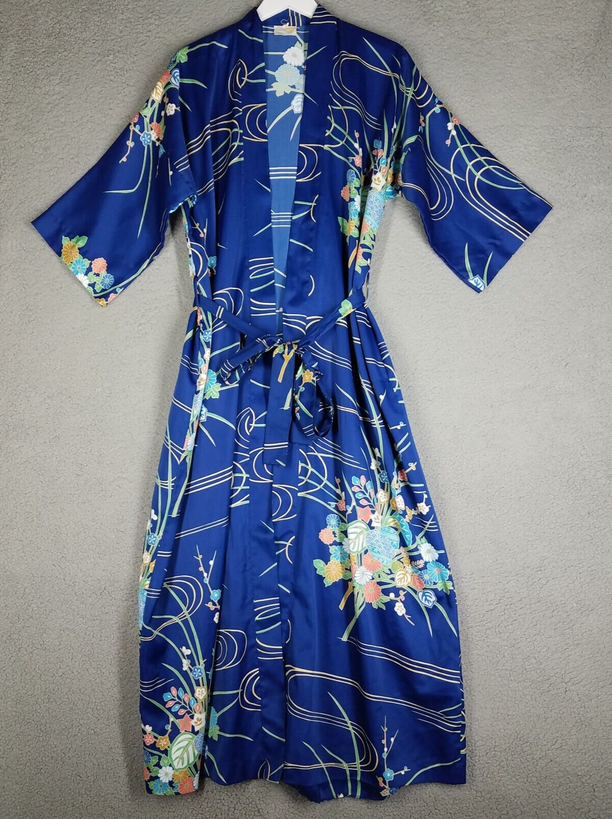 Vintage Japanese Kimono Robe Womens Large Satin Floral Garden Made In Japan Blue