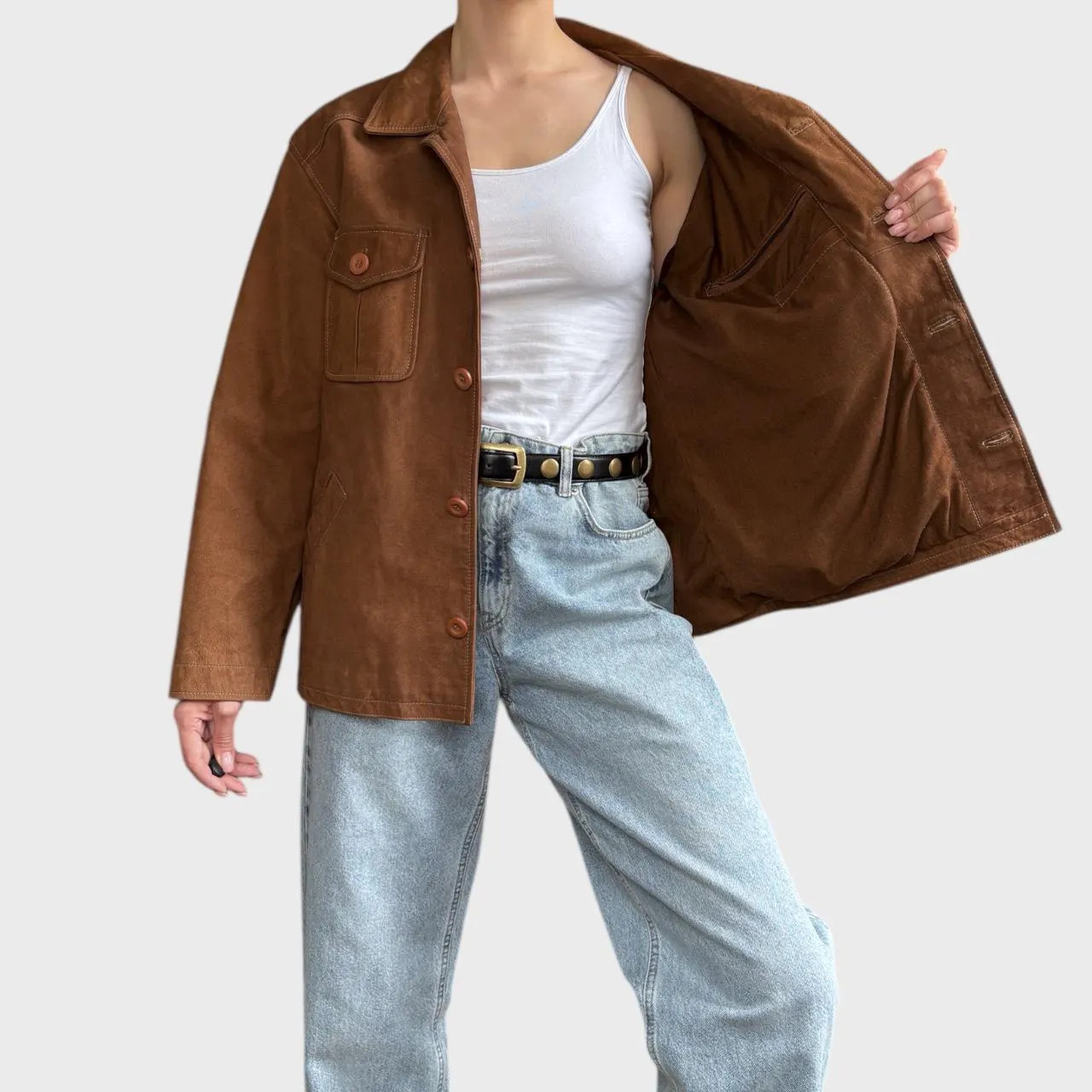 Vintage Brown Leather Jacket Oversized Unisex Button Up size US L/XL