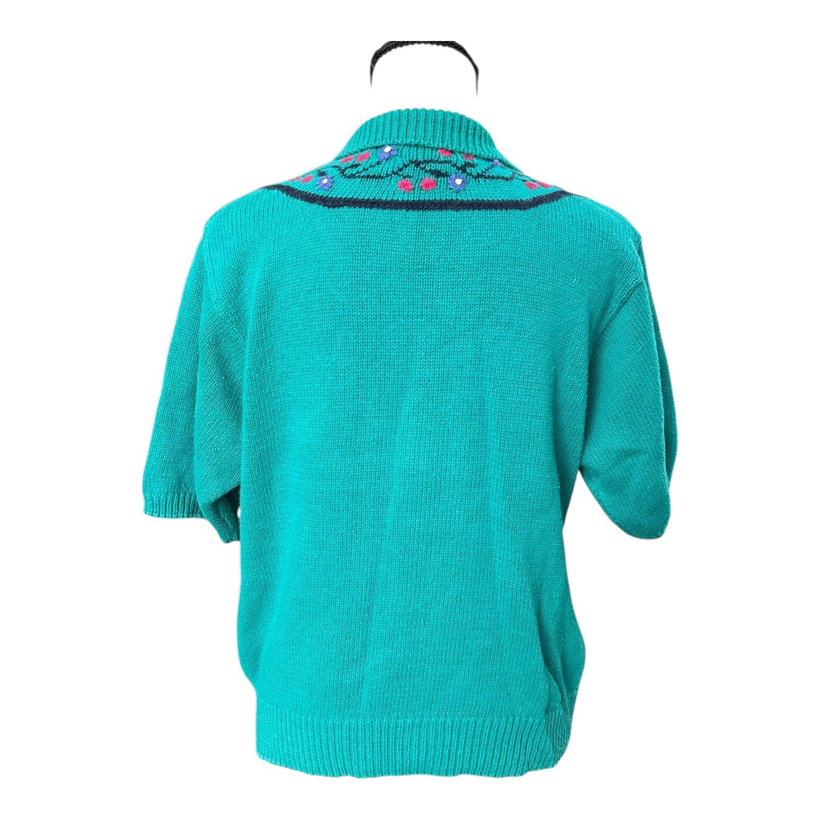 VTG 80s 90s Robert Scott Ltd Teal Knit Floral Embroidered Collared Sweater Sz M