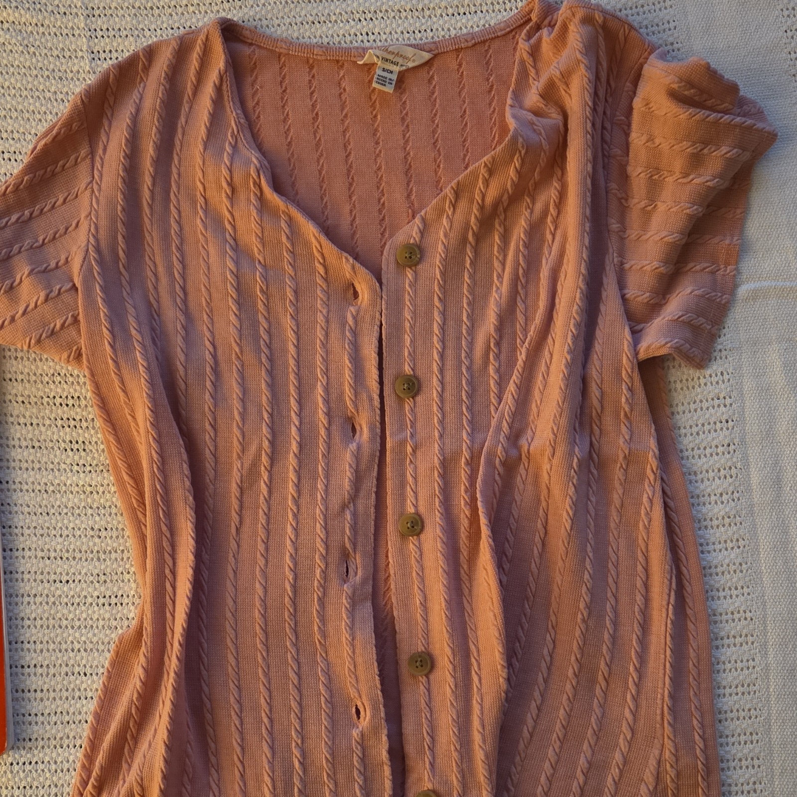Weatherproof Vintage Pink Button-Up Short Sleeve Sweater S/CH Polyester Rayon