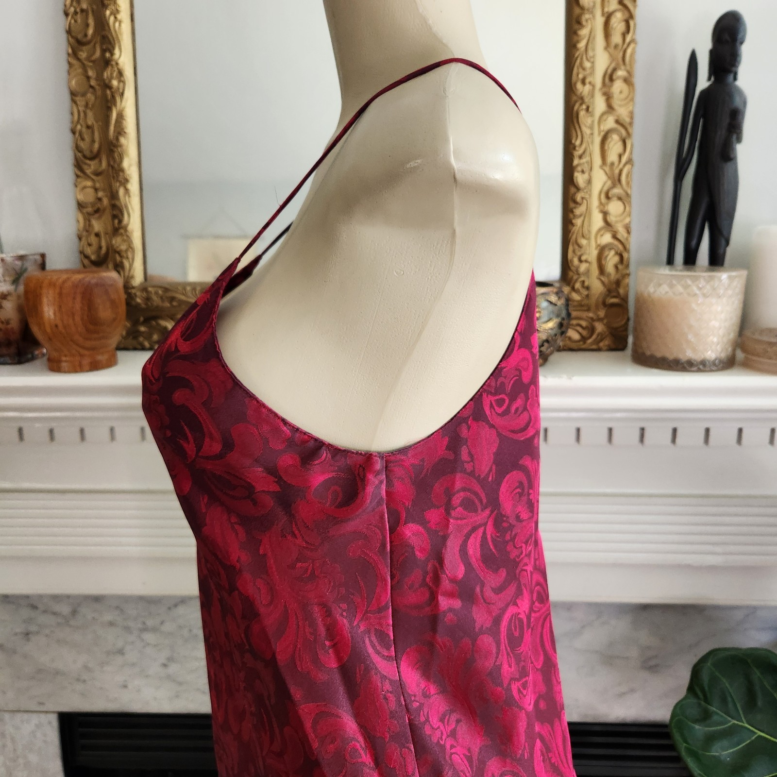 Vintage 80s Red Jacquard Ruffle Slip Dress Size Large Maxi Asymmetric Ruffle