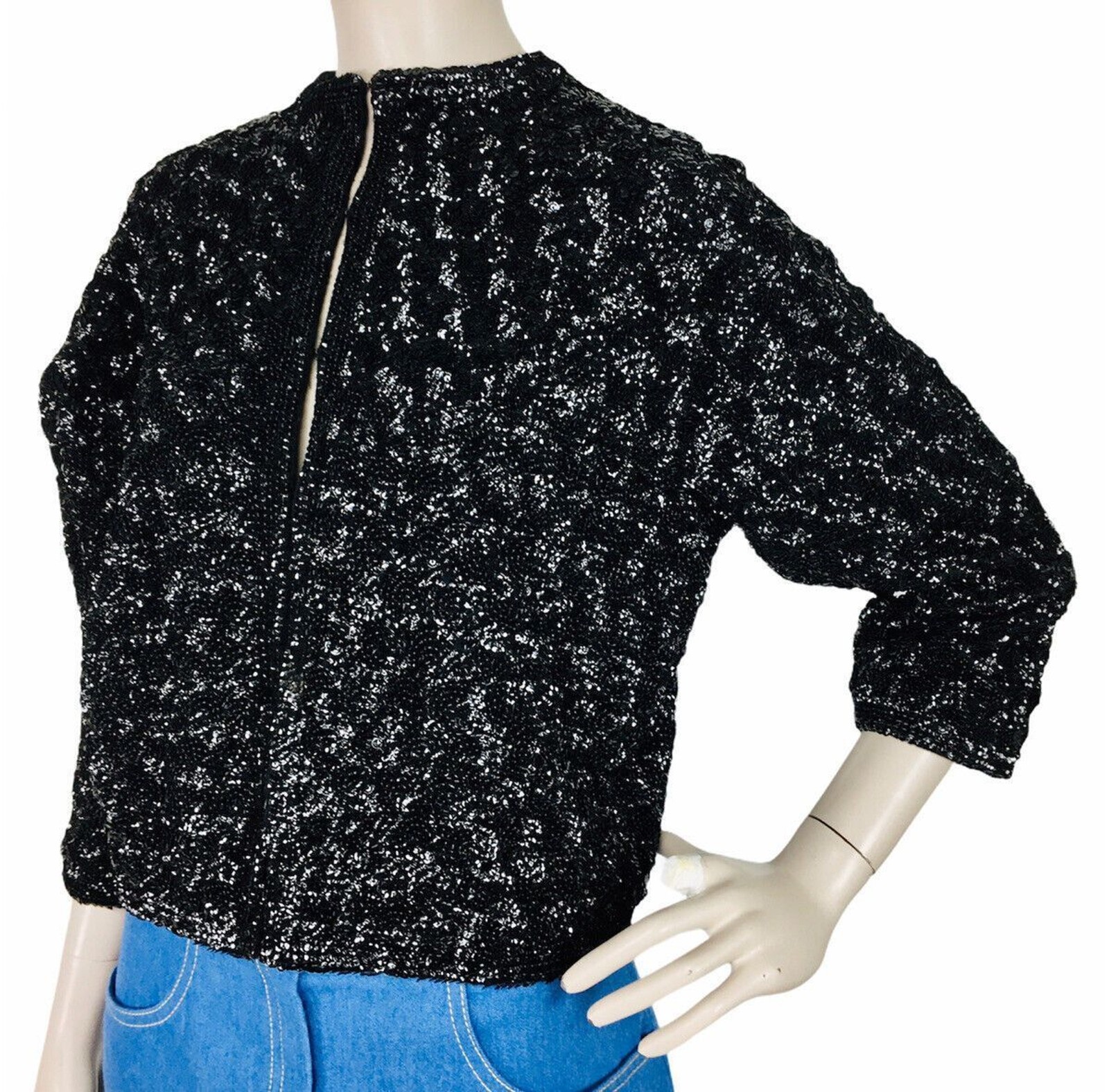 Vintage 40s Savile Row Co Beaded Sequins Cropped 3/4 Sleeve Evening Jacket Small