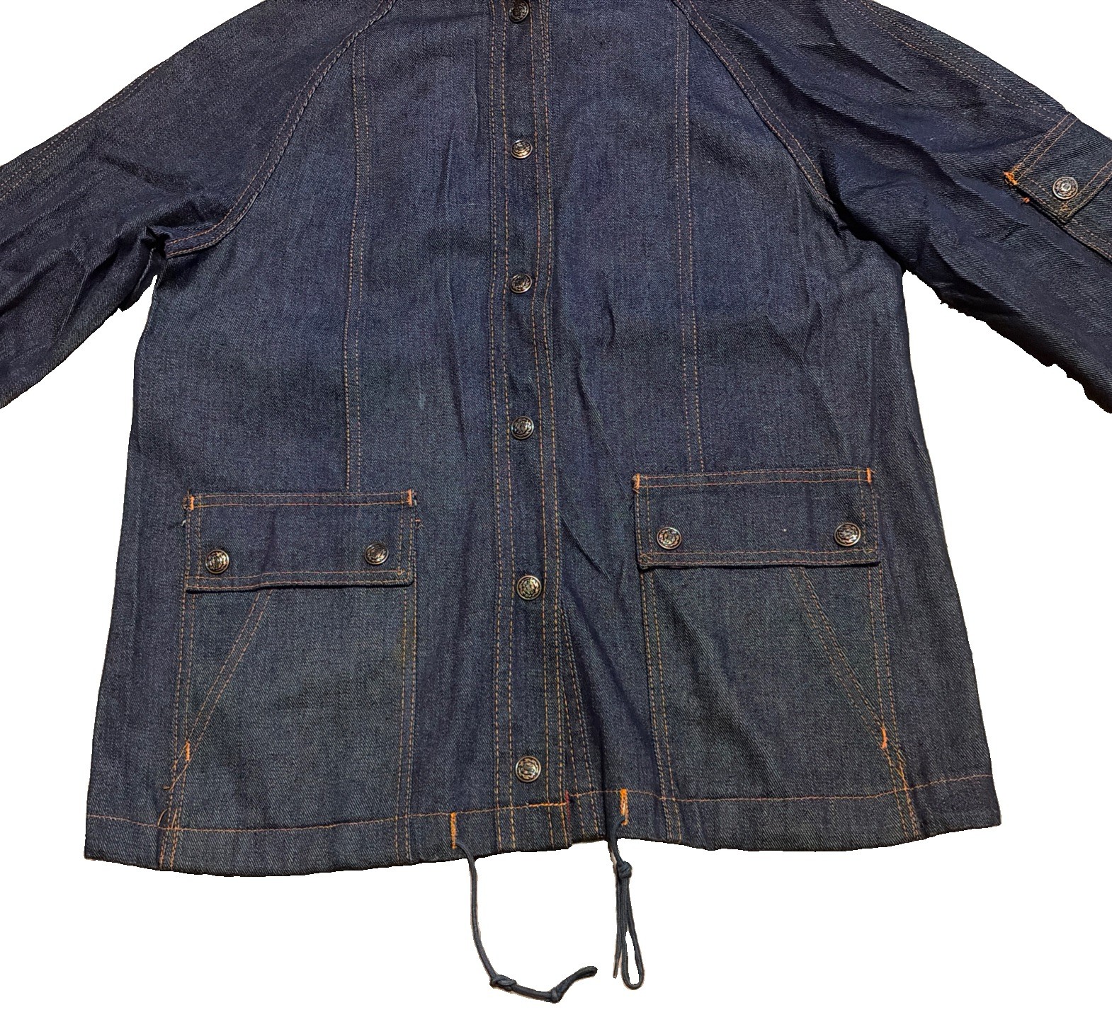 Vintage Denim Hoodie Jacket Parka Dark Indigo Blue Snap Button Womens L 70s 80s