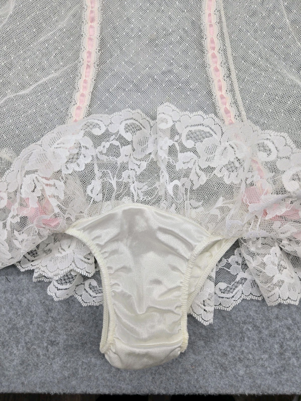 Vintage SHEER Lingerie BODYSUIT Panty FLORAL Lace Tank Top Soft Girl Bow S/M