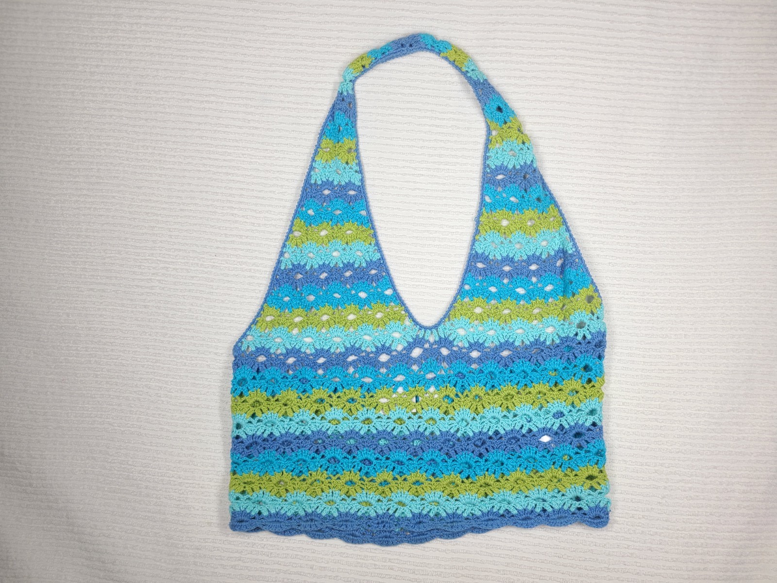 1990s Crochet Halter Top Retro Stripe Fan Stitch Cotton Ramie Medium Mall Hippie