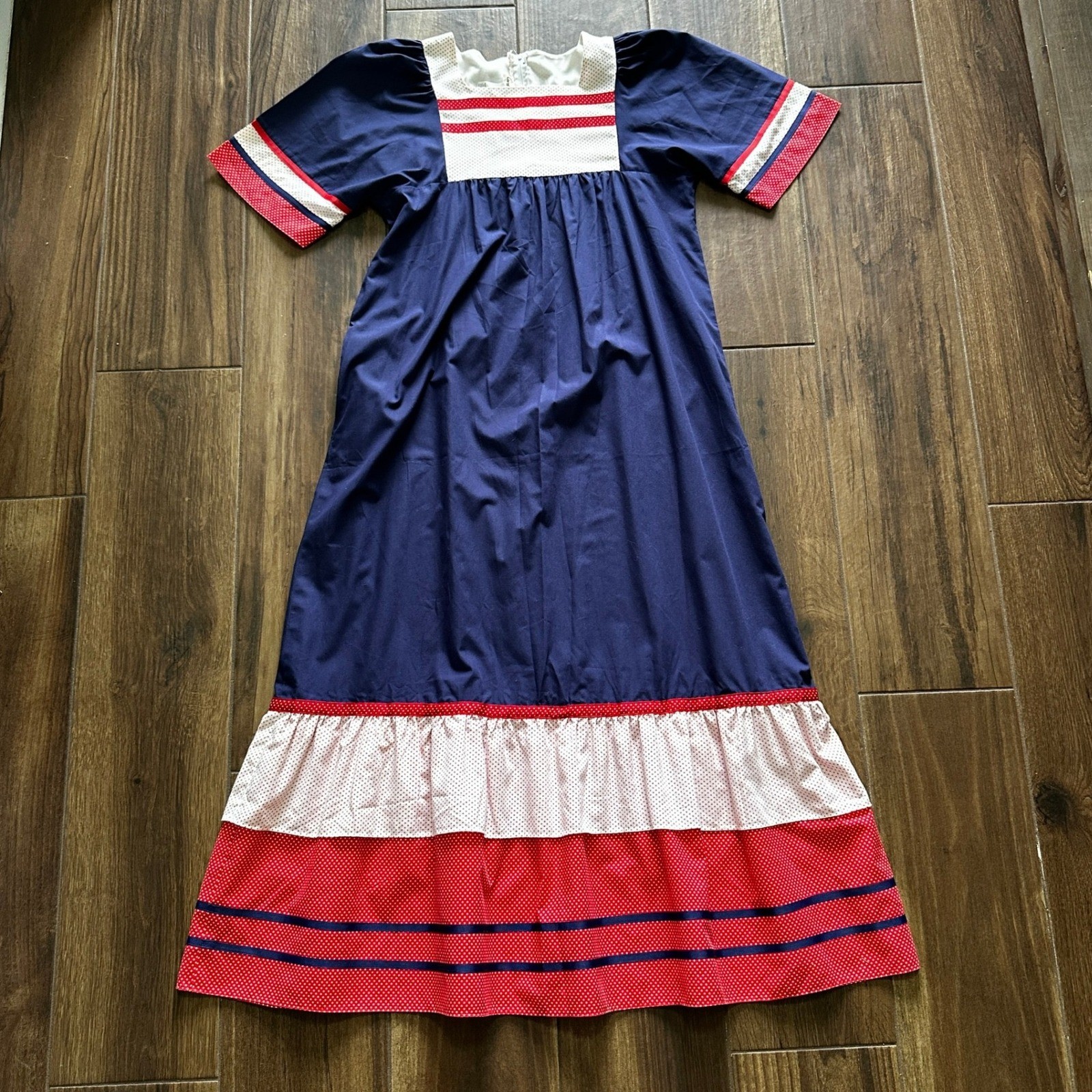 Vintage 70s Carol Bennett Red White Blue Polka Dot Maxi Dress Patriotic Muumuu M