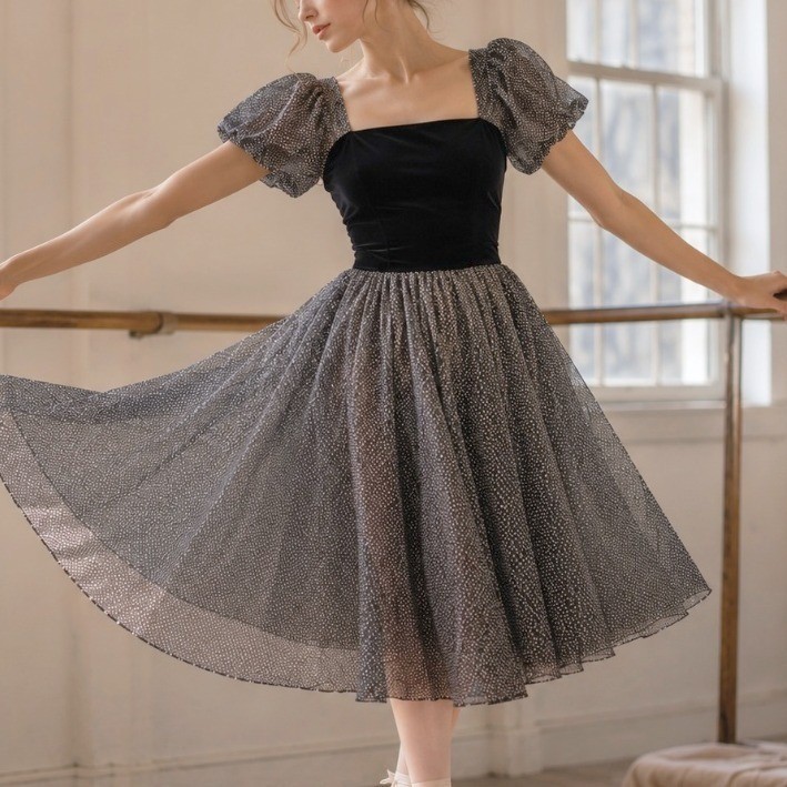 Vintage Velvet Polka Dot Organza Puff Sleeve A Line Black Midi Dress 12 Femme