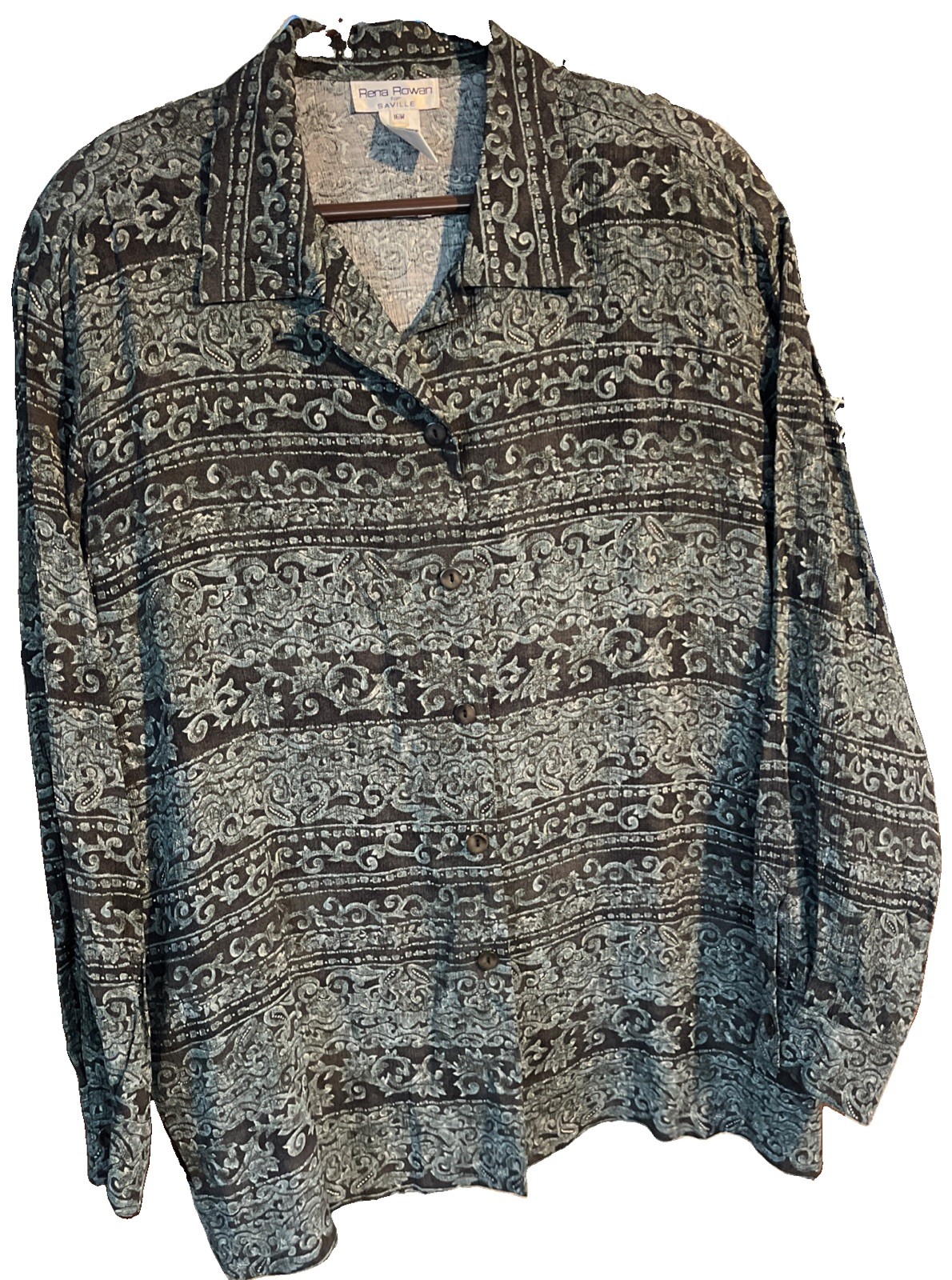 VTG Rena Rowan Saville Paisley Blouse 16W Rayon Gray Black Whimsigoth Boho Chic