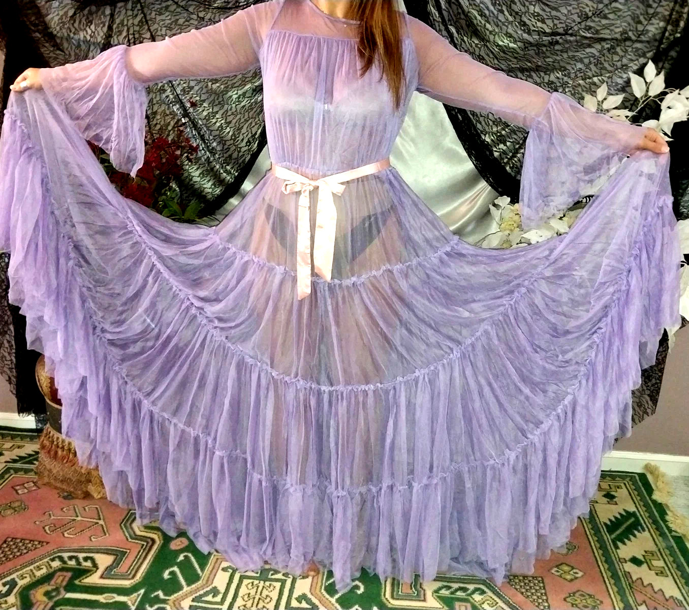 VTG SILKY PURPLE SHEER LAYERS BELL SWEEP NEGLIGEE NIGHTGOWN SISSY 48 OSFM