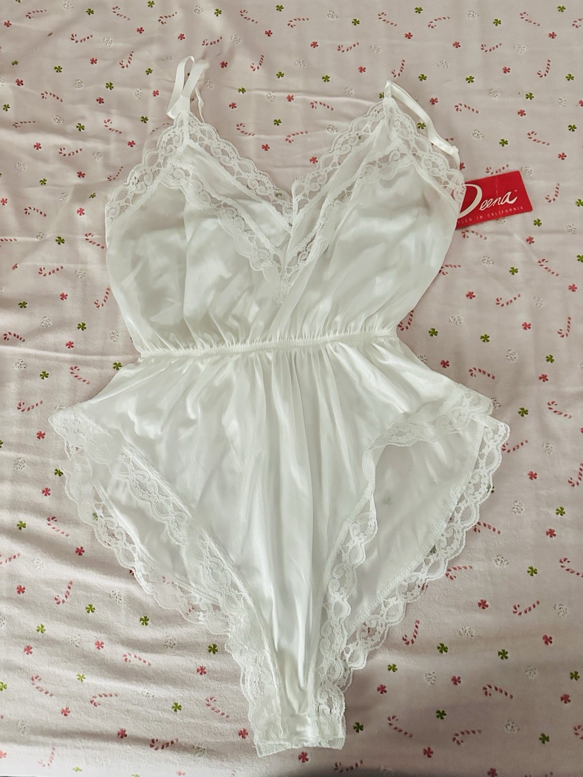 NWT Vintage Deena Nylon Slip Teddy Hi-cut Panty Silky Lace Bodysuit White Medium