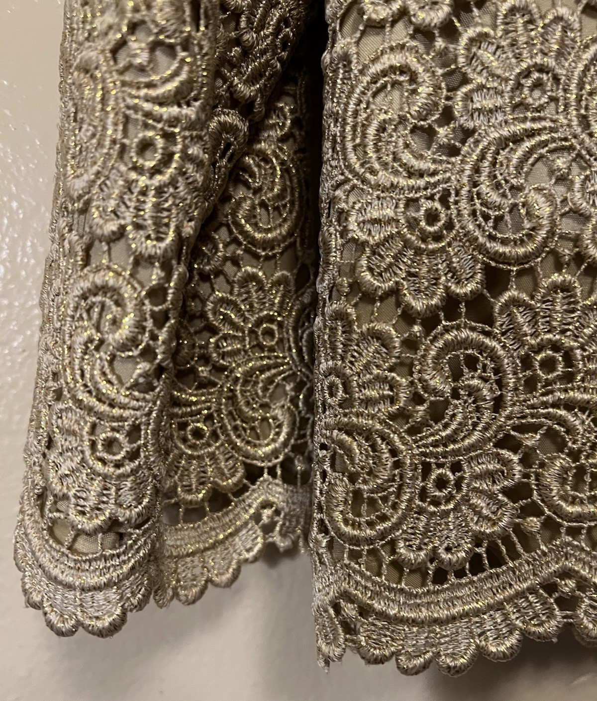 Vintage Talbots Gold Sparkle Lace 3/4 Sleeve Guipure Jacket Lined Women’s Sz 12