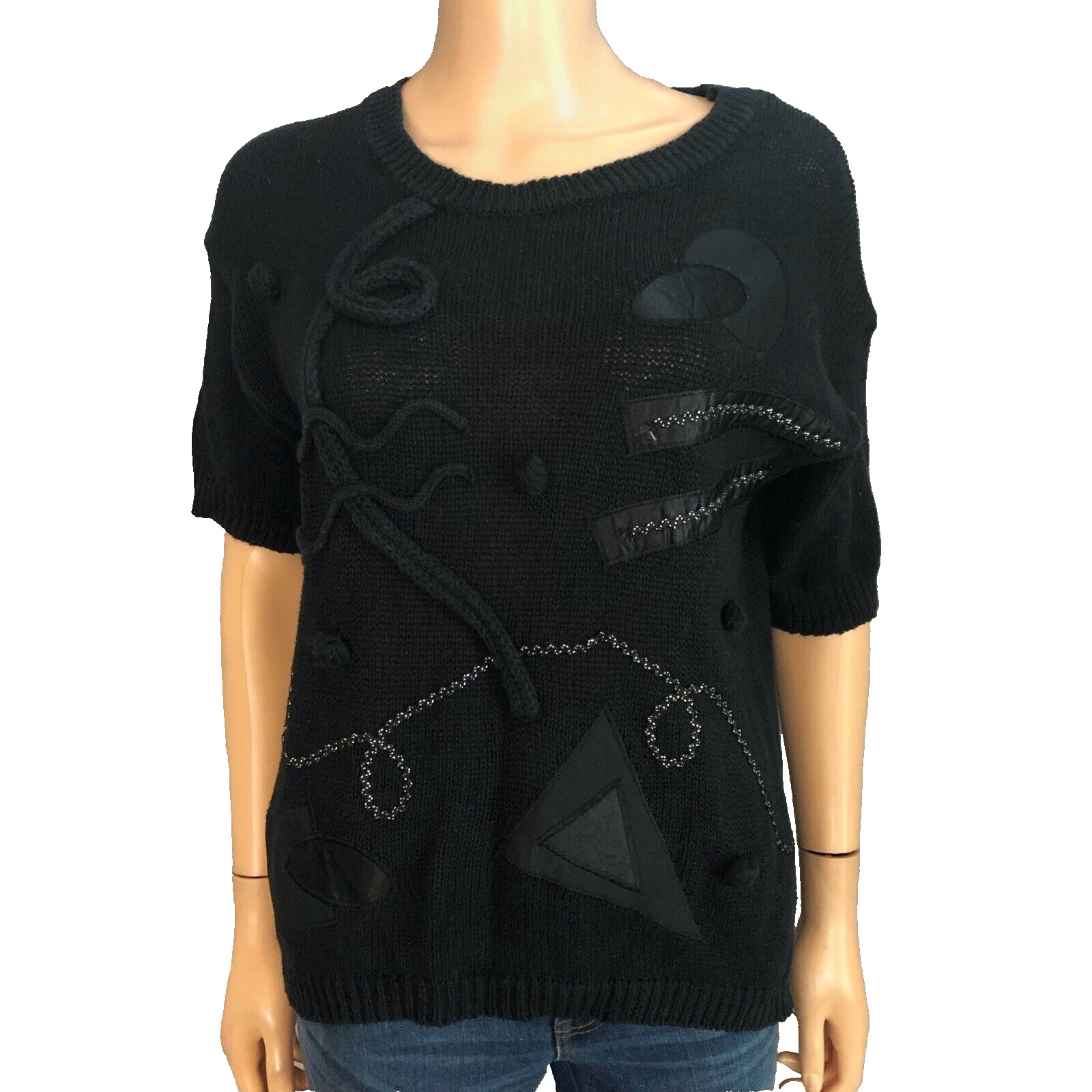 80s VTG Geometric Embellished Sweater Large Short Sleeve Crew Neck Novelty Artsy