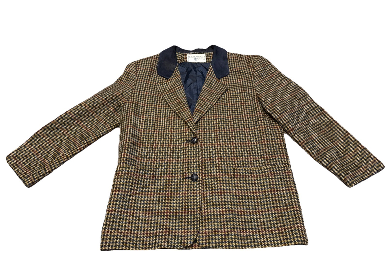 Vtg International Scene Wool Blazer Houndstooth Suede Collar Womens 10 Russia