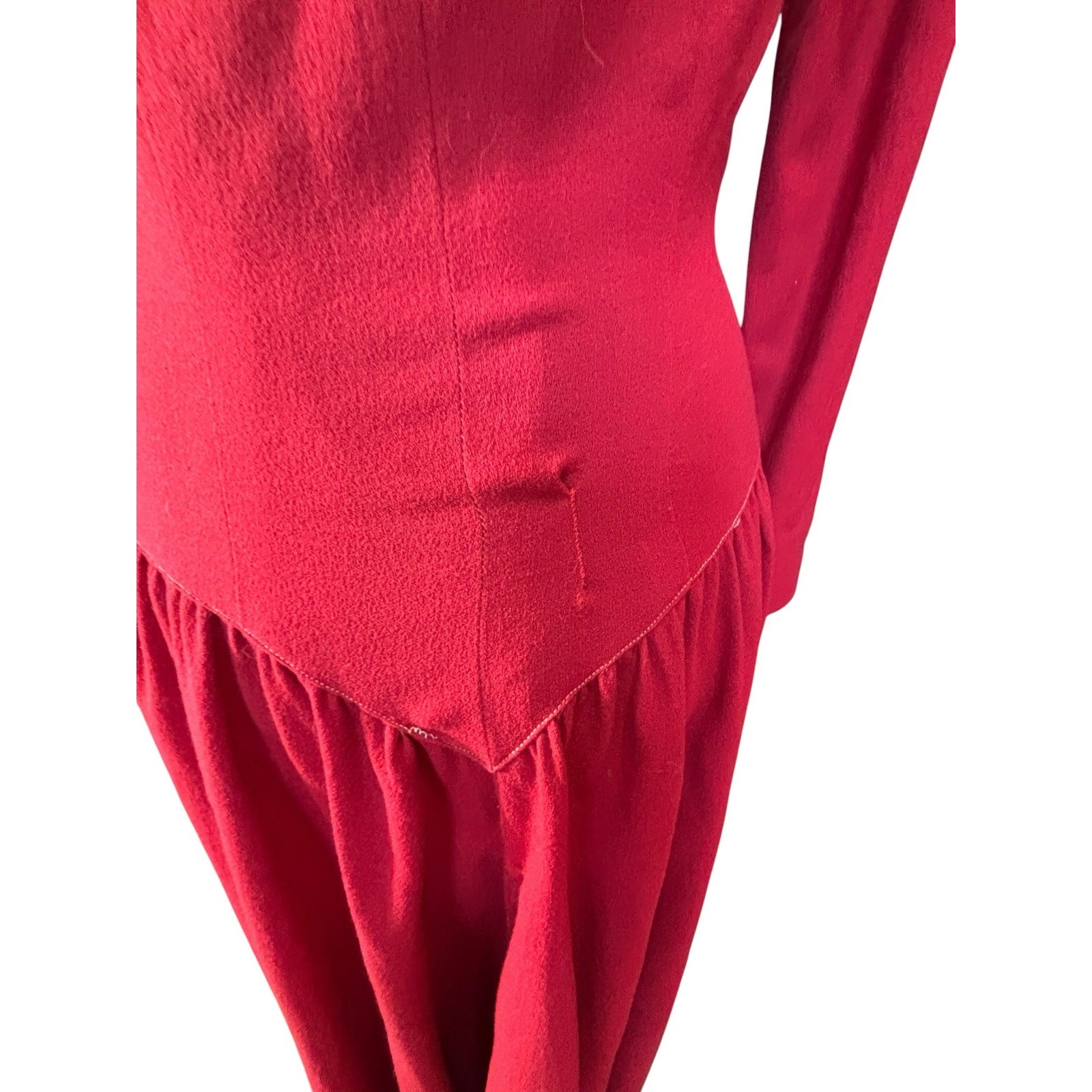40s Red Wool Siren Dress Pointed Waist Dramatic Old Hollywood Mended 38 Bust