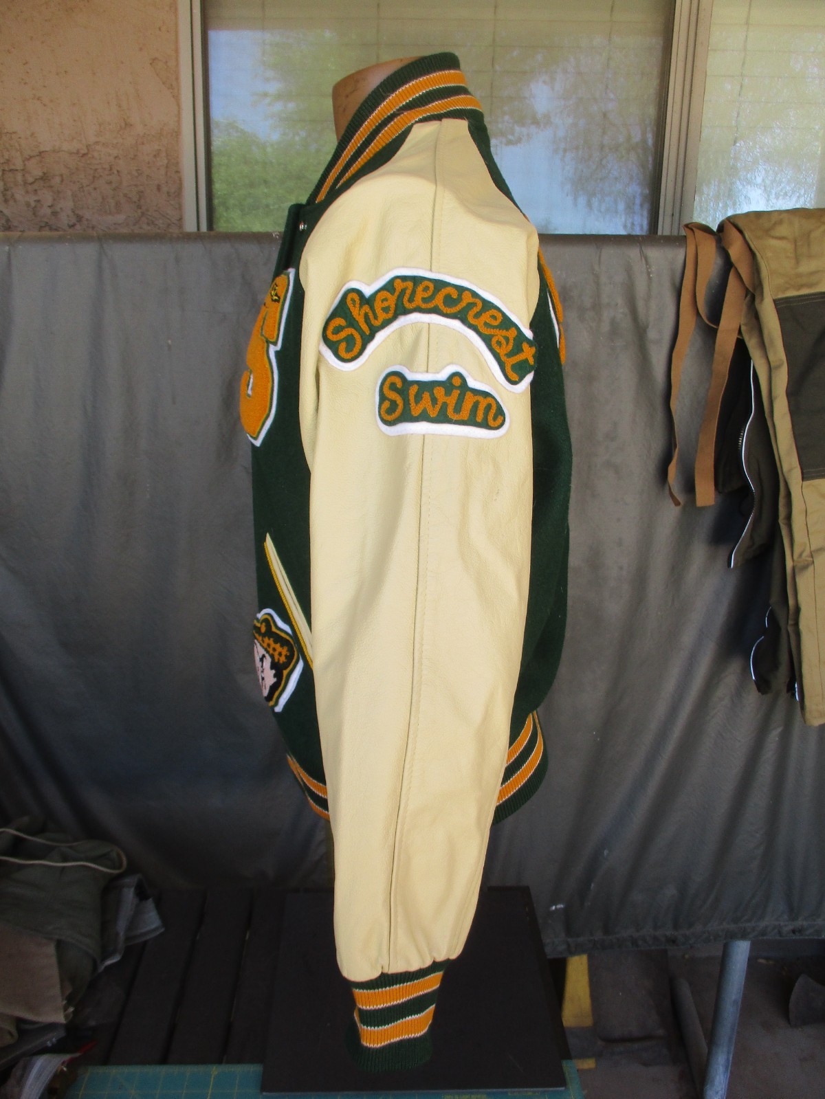 Shorecrest High School Letterman Varsity Jacket, Swimming, Leather Sleeves