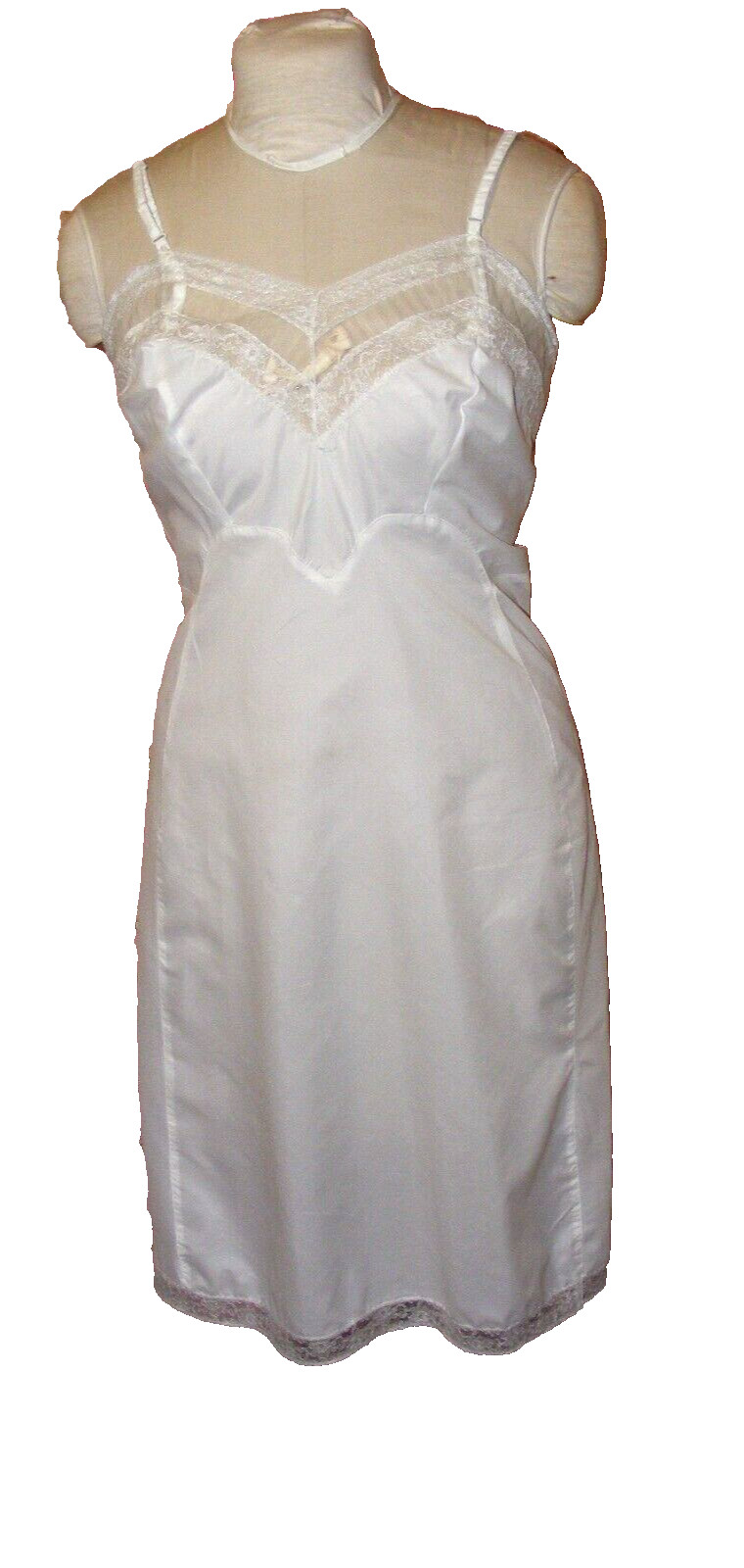 60S FULL DRESS SLIP DEADSTOCK W/TAGS NYLON FITTED VINTAGE LINGERIE SZ 34 LACE