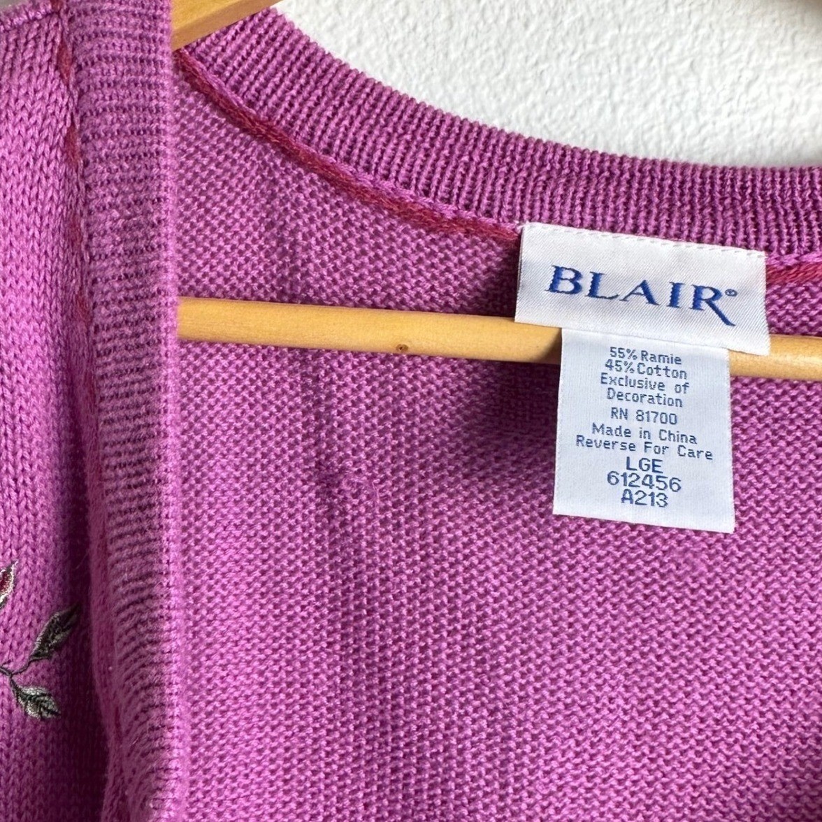 VTG Large Magenta Purple Floral Embroidered Zip Up Sweater Vest Cottagecore Twee
