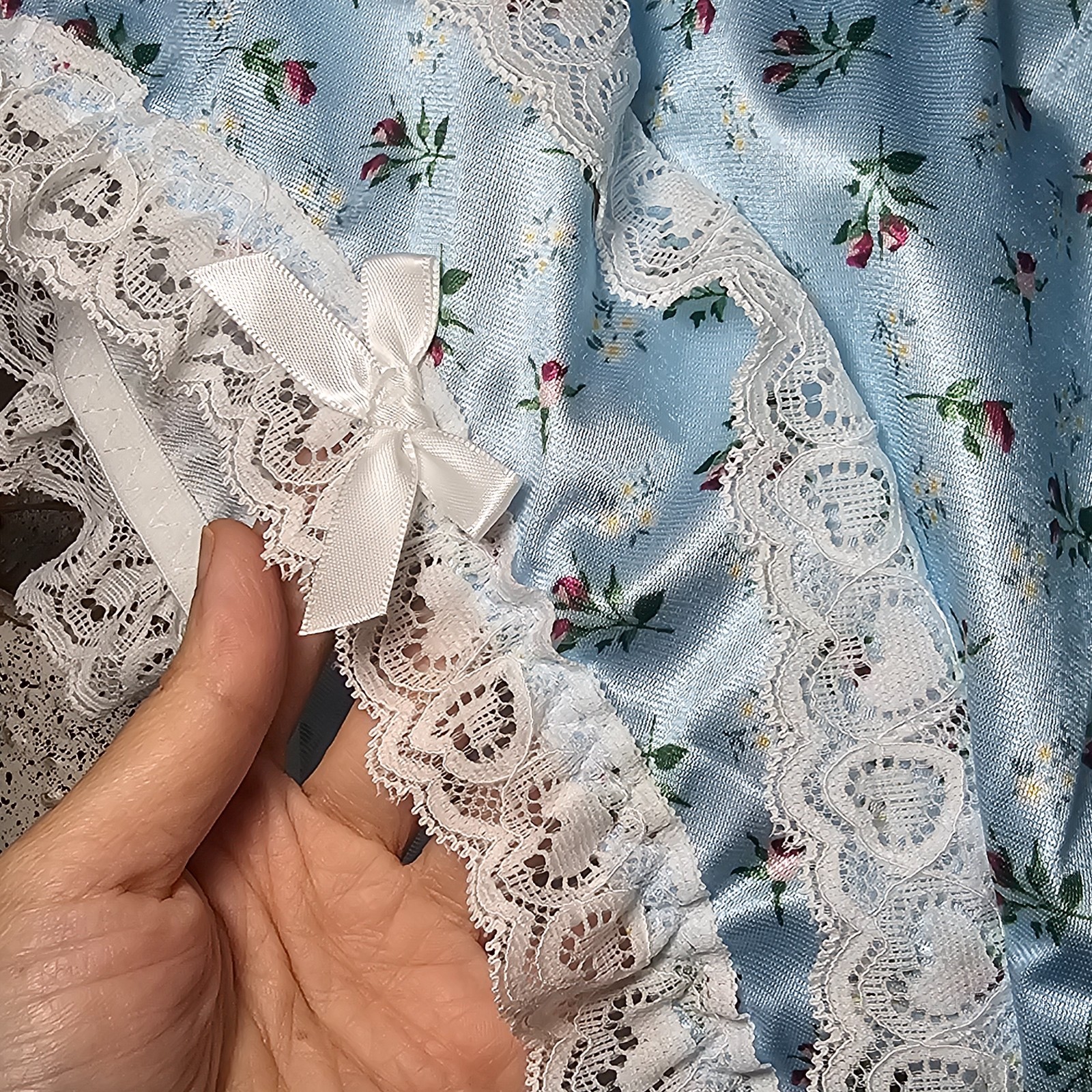 Glossy Floral Satin Panty Blue Bikini Sissy Nylon Lace Brief Sz 10-11 Hip 48-52″