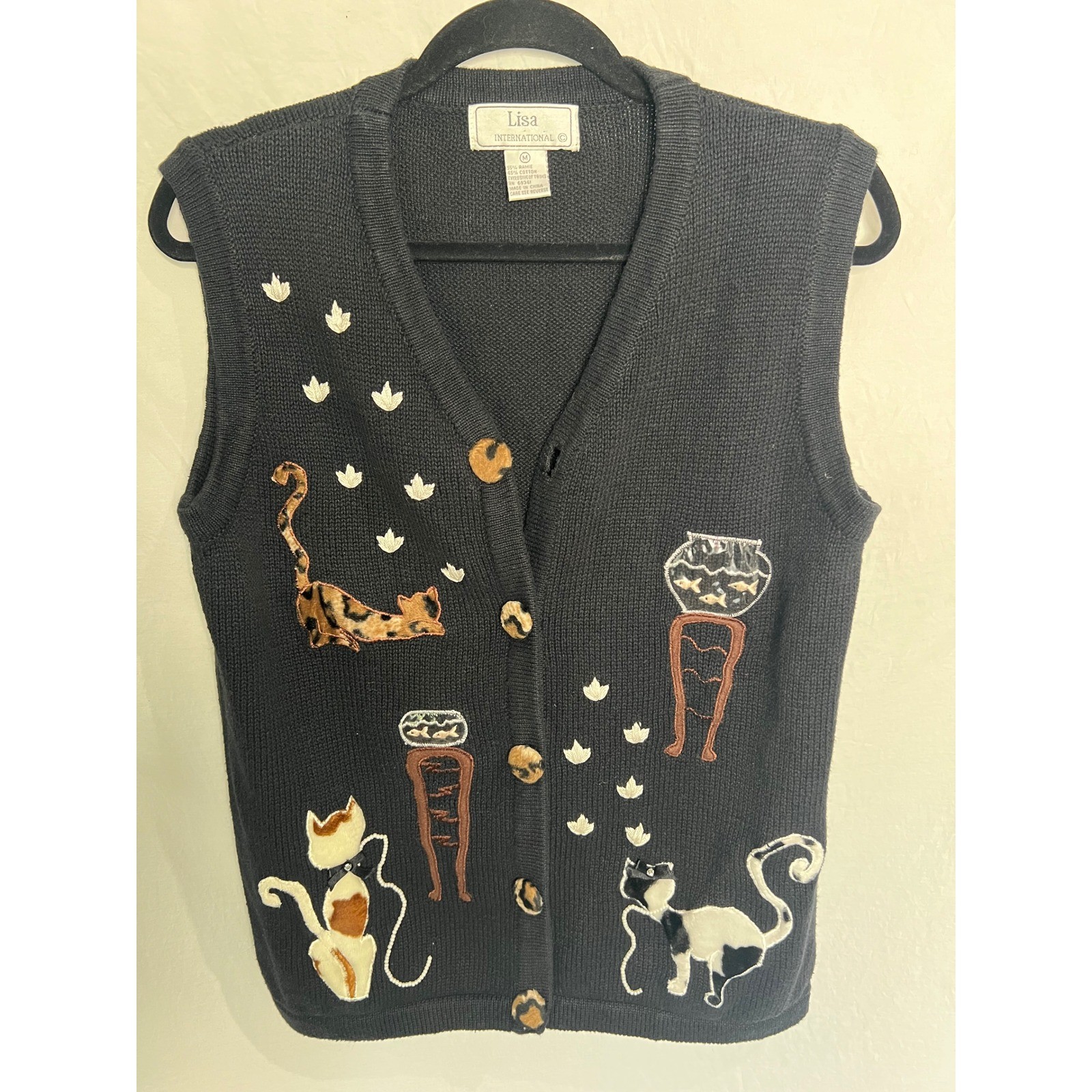 VTG Black Knit Cotton Fur Vest Cat Fish Bowl Grannycore Sz M Lisa International