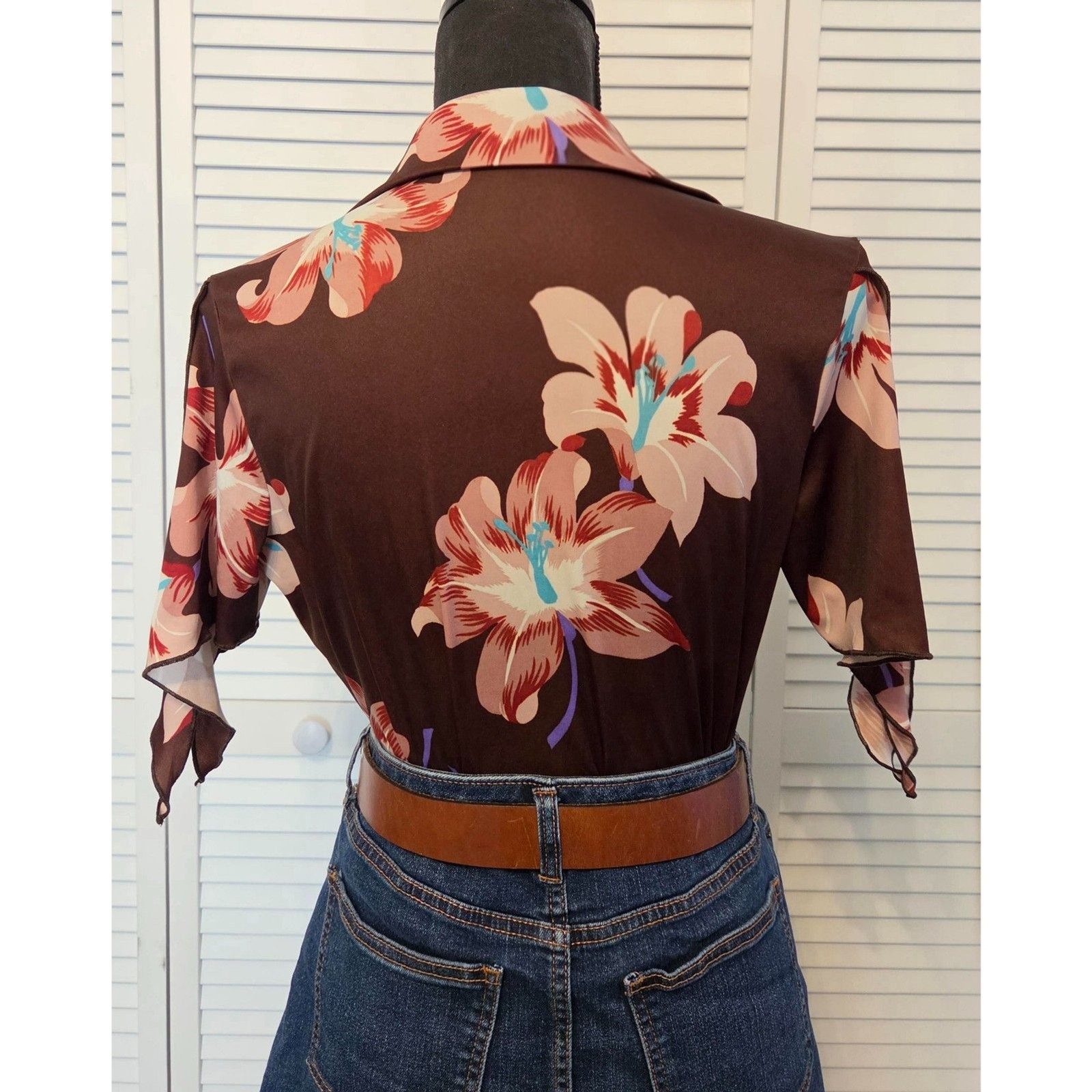 Vintage Brown Floral Rayon Blouse-Handkerchief Sleeves, Sz Med