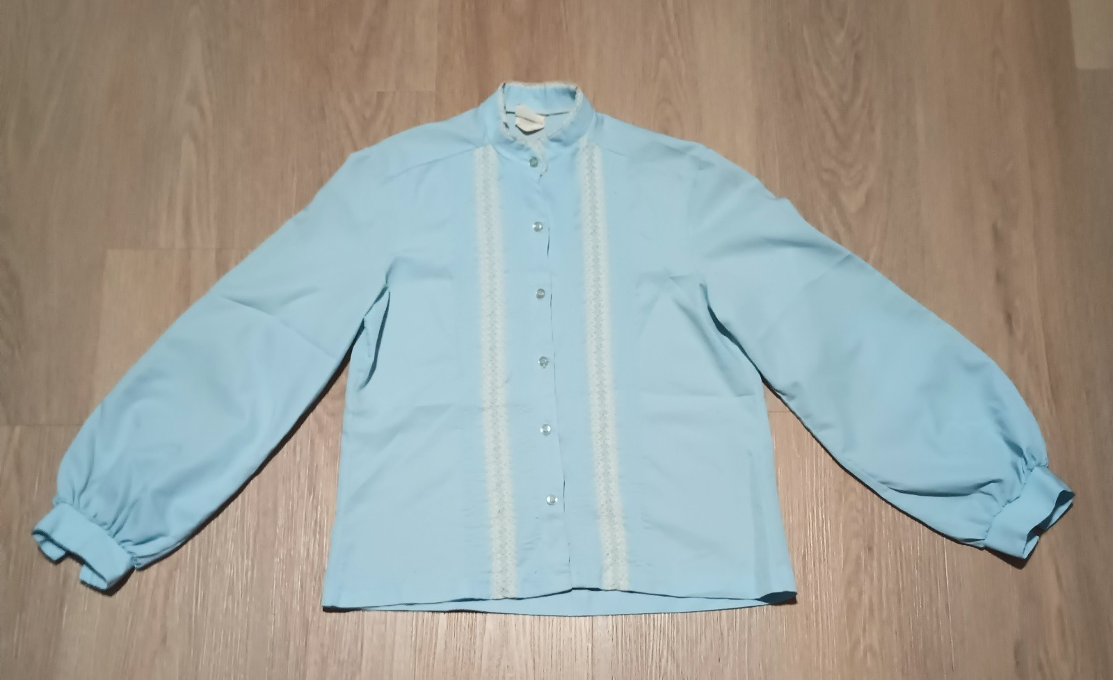 Vtg 60s 70s LAND 'N SEA Light Blue Cottagecore office Blouse Top country M