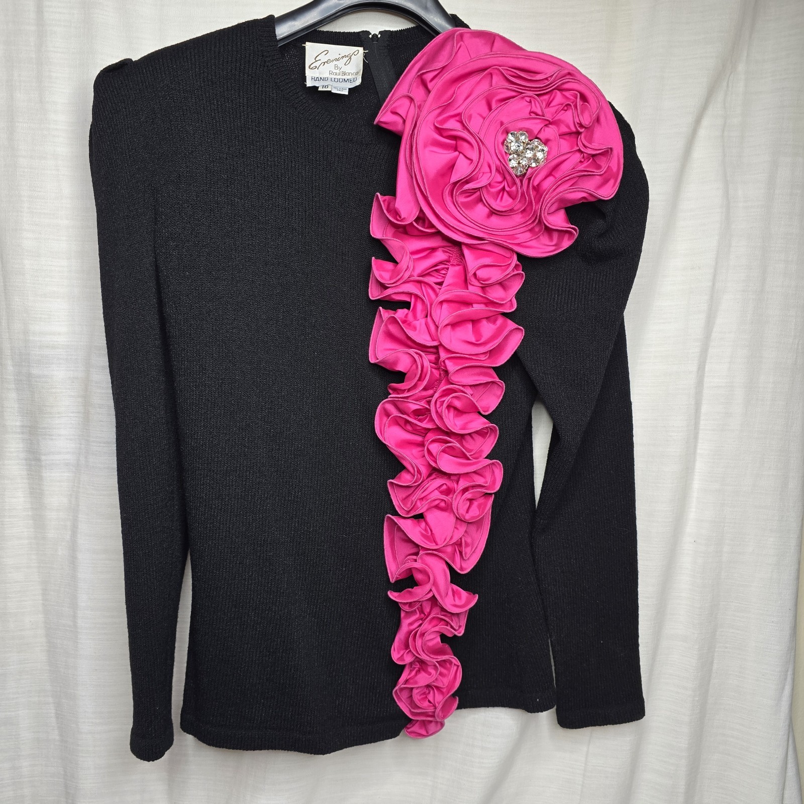Vtg 80s Raul Blanco Black Hand Loomed Top Satin Flower Pink Crystals Size 10