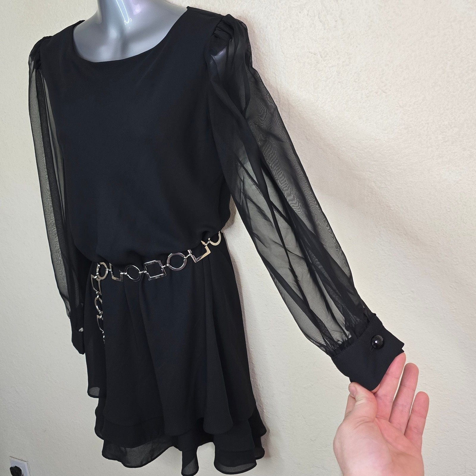 Vintage 90s Hampton Nites Black Dress with Sheer Sleeves and Metal Belt Size 6