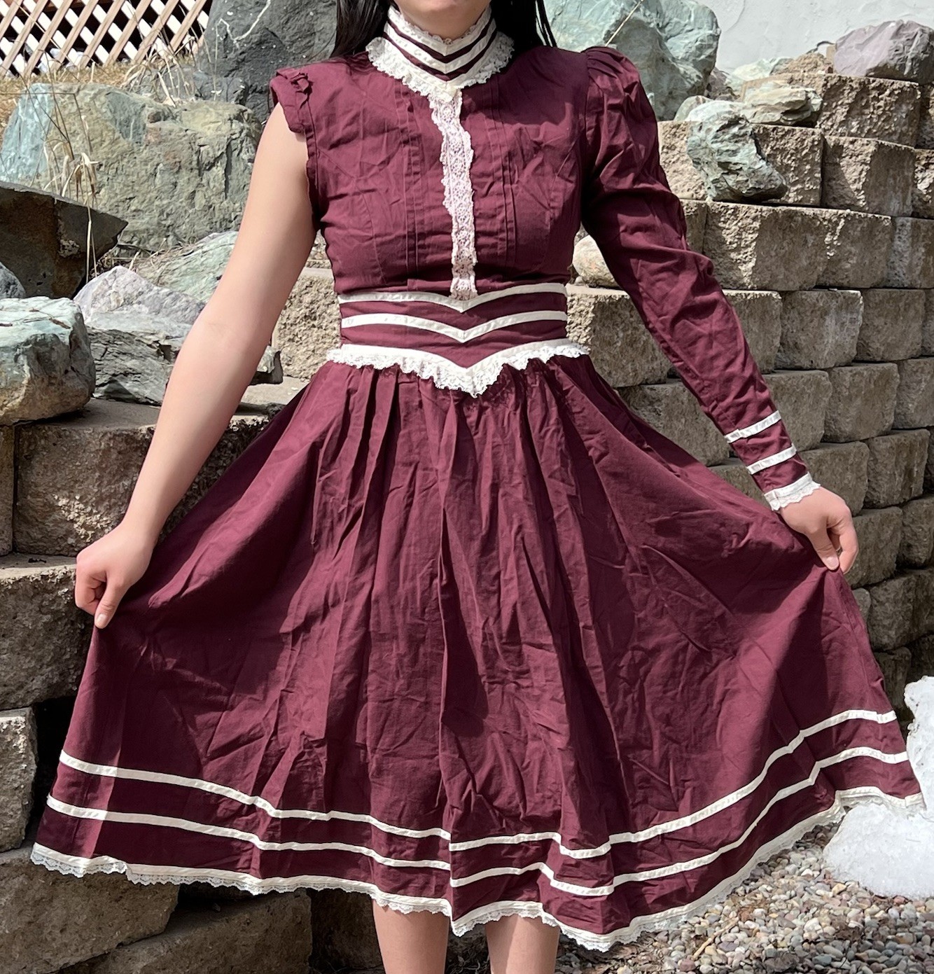 Vintage Gunne Sax Victorian Prairie Dress Burgundy Cottagecore Size 9 AS IS