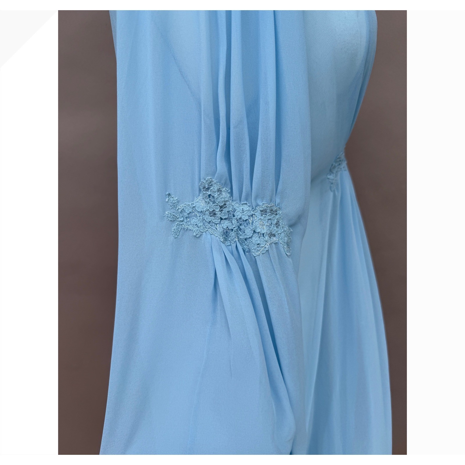 Vintage Blue Sheer Chiffon Maxi Robe Lace Bell Sleeve Button Hollywood Large