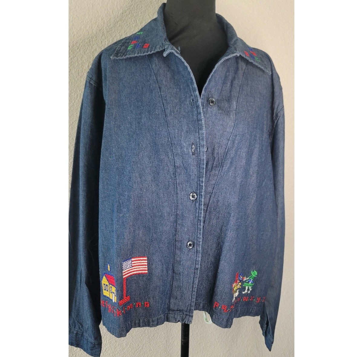 NWT Vintage TagWear Embroidered Teacher Button Up Denim Shirt Size M to 2XL
