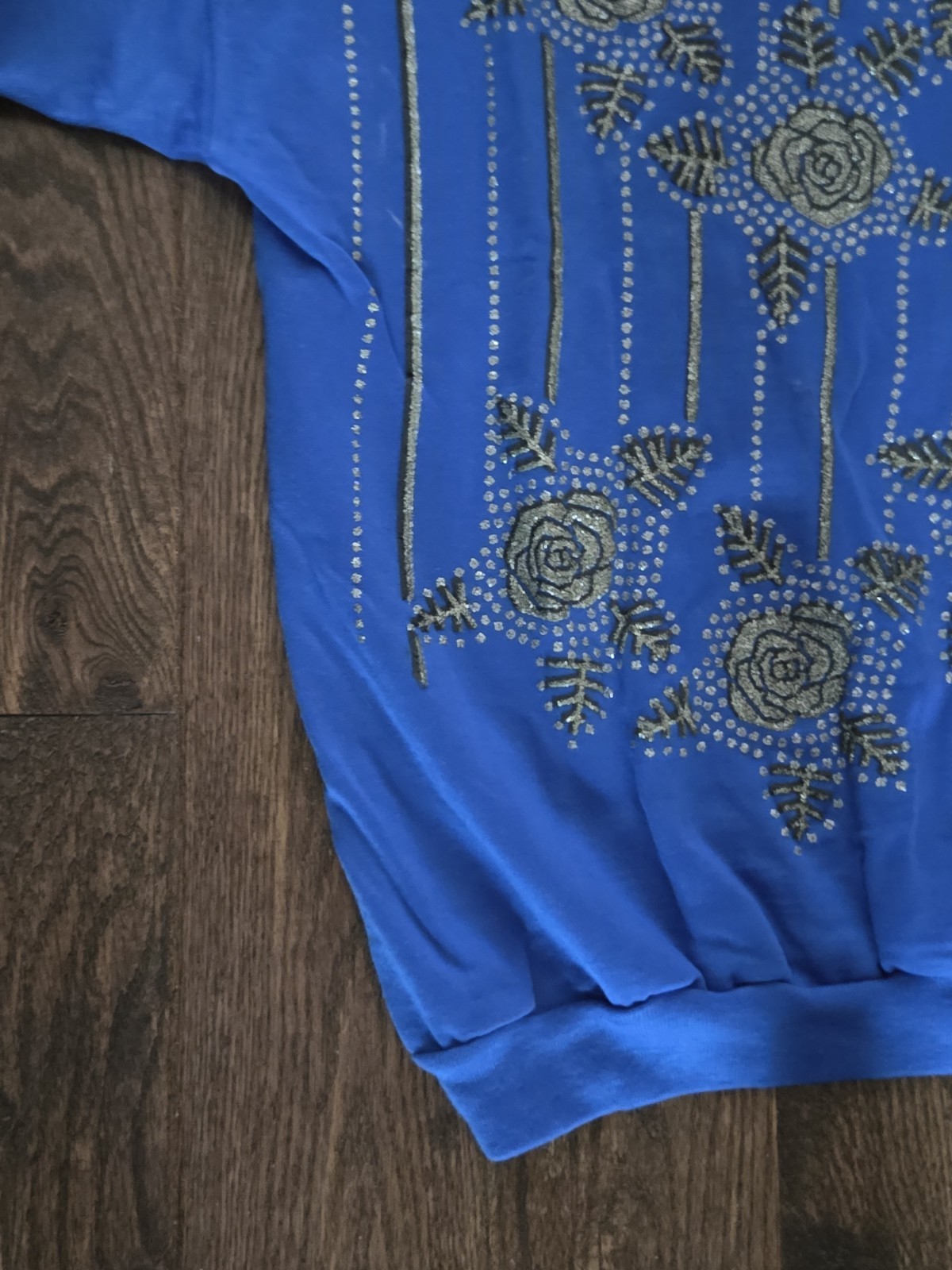 Vintage 80s Blue Glitter Rose Sweatshirt Oversized Batwing Dolman Sleeve Floral
