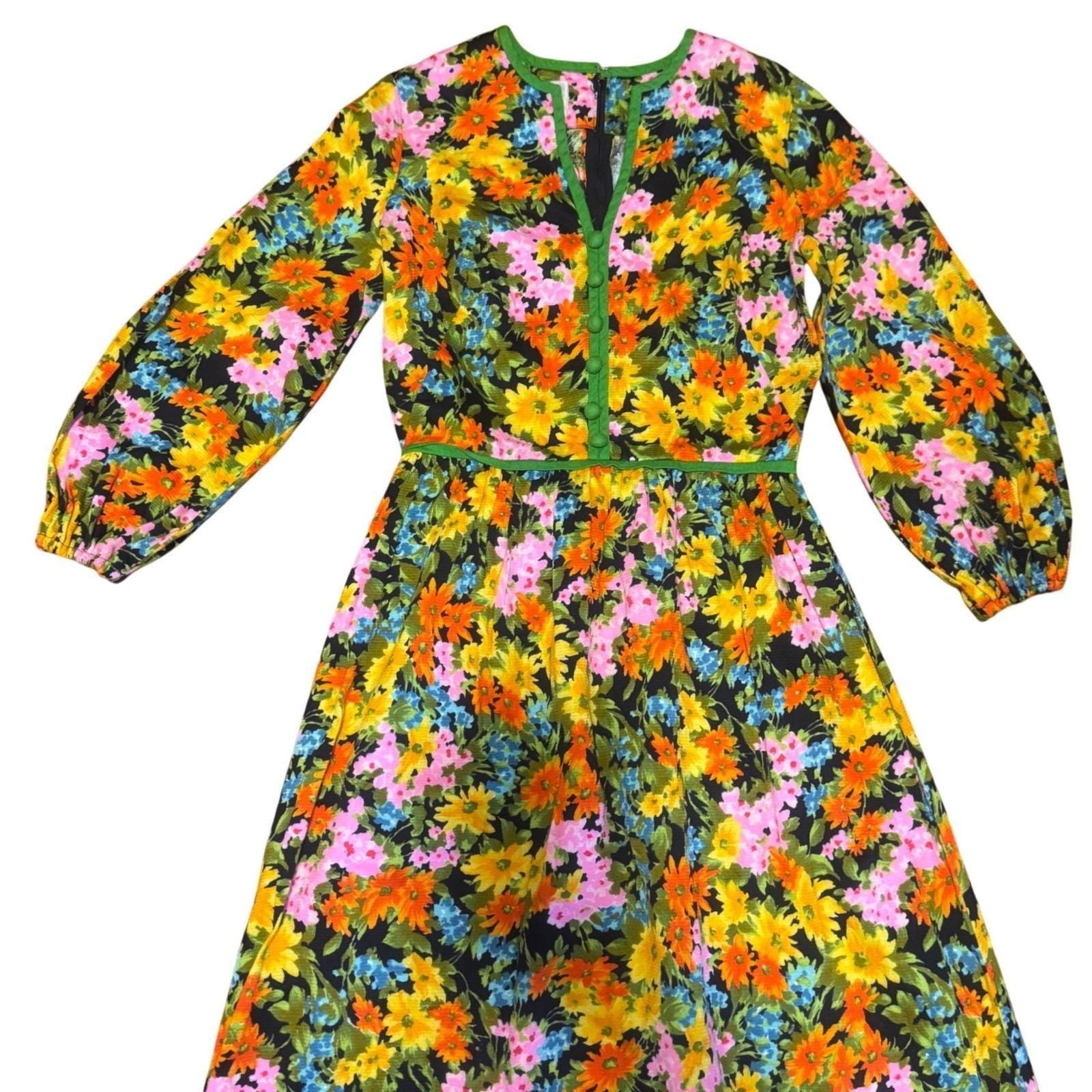 Vintage Tori Richard Honolulu Floral Barkcloth Maxi Dress Green Orange 70s Boho