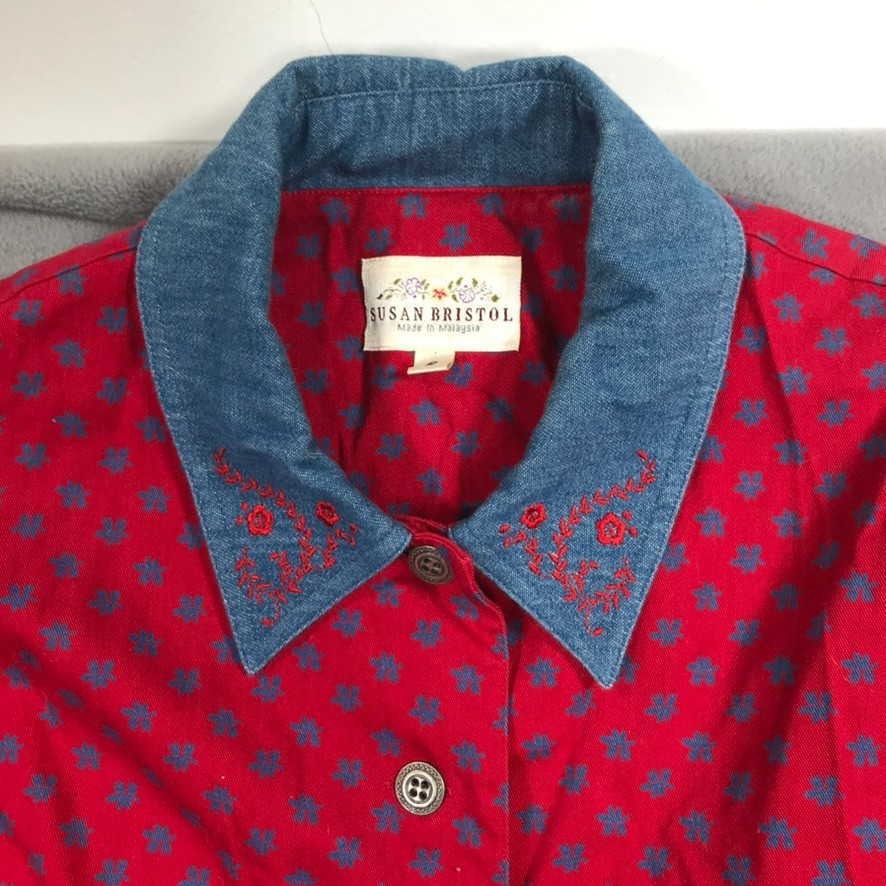 Vintage Susan Bristol Dress Womens 8 Floral Denim Trim Western Farm Prairie 90s
