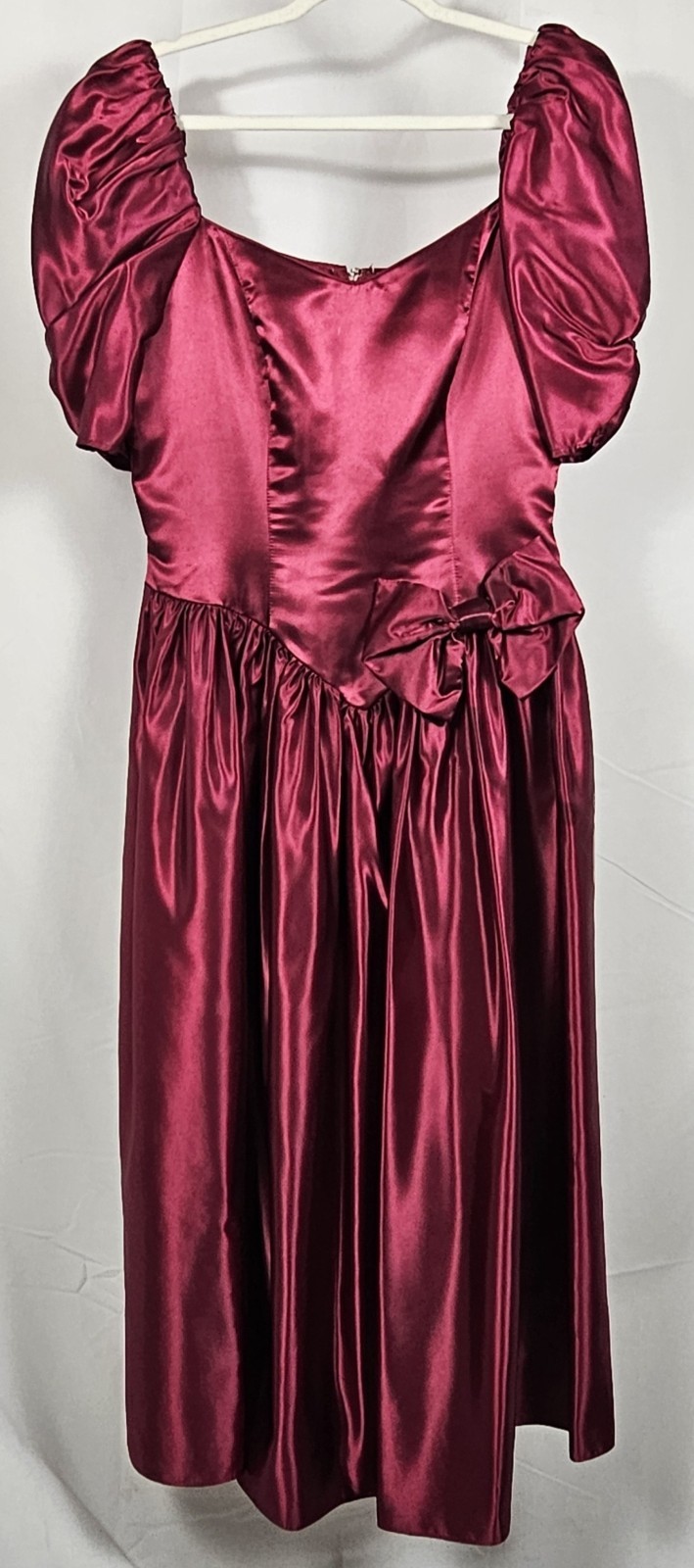 Vintage 80’s Deep Red Puff Sleeve Party Prom Dress Silky Satin W/ Bow Size 12