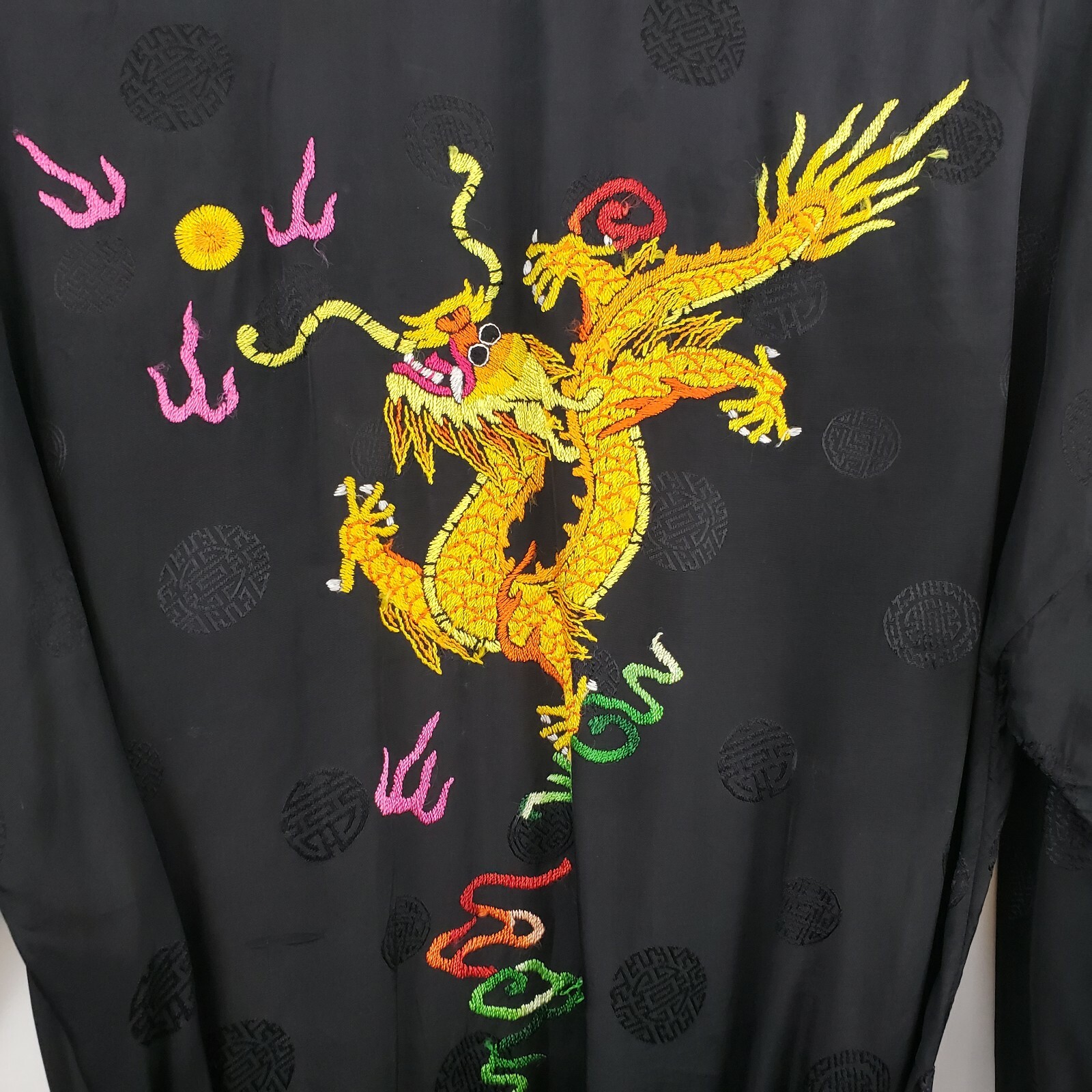 Golden Bee Vintage Black Rayon Embroidered Dragon Oriental Robe China Small