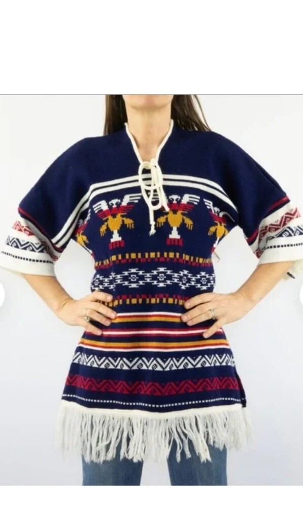 Vintage 1970’s Ethnic Sweater Top Tunic Native American Birds Tribal S/M