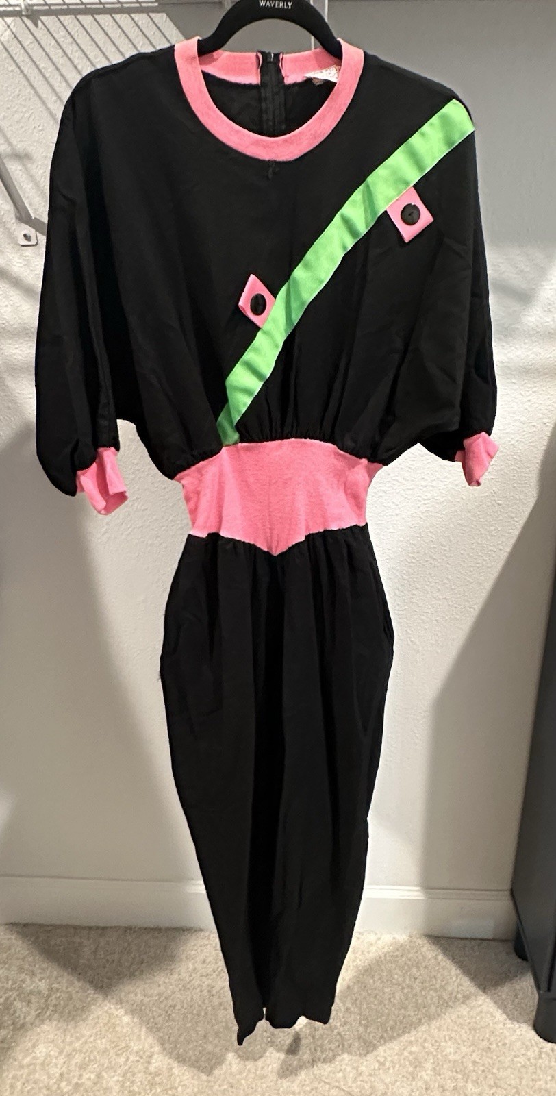 Vintage 80s Neon Colorblock Jumpsuit Pantsuit | Black Pink Green | Wayne Diamond