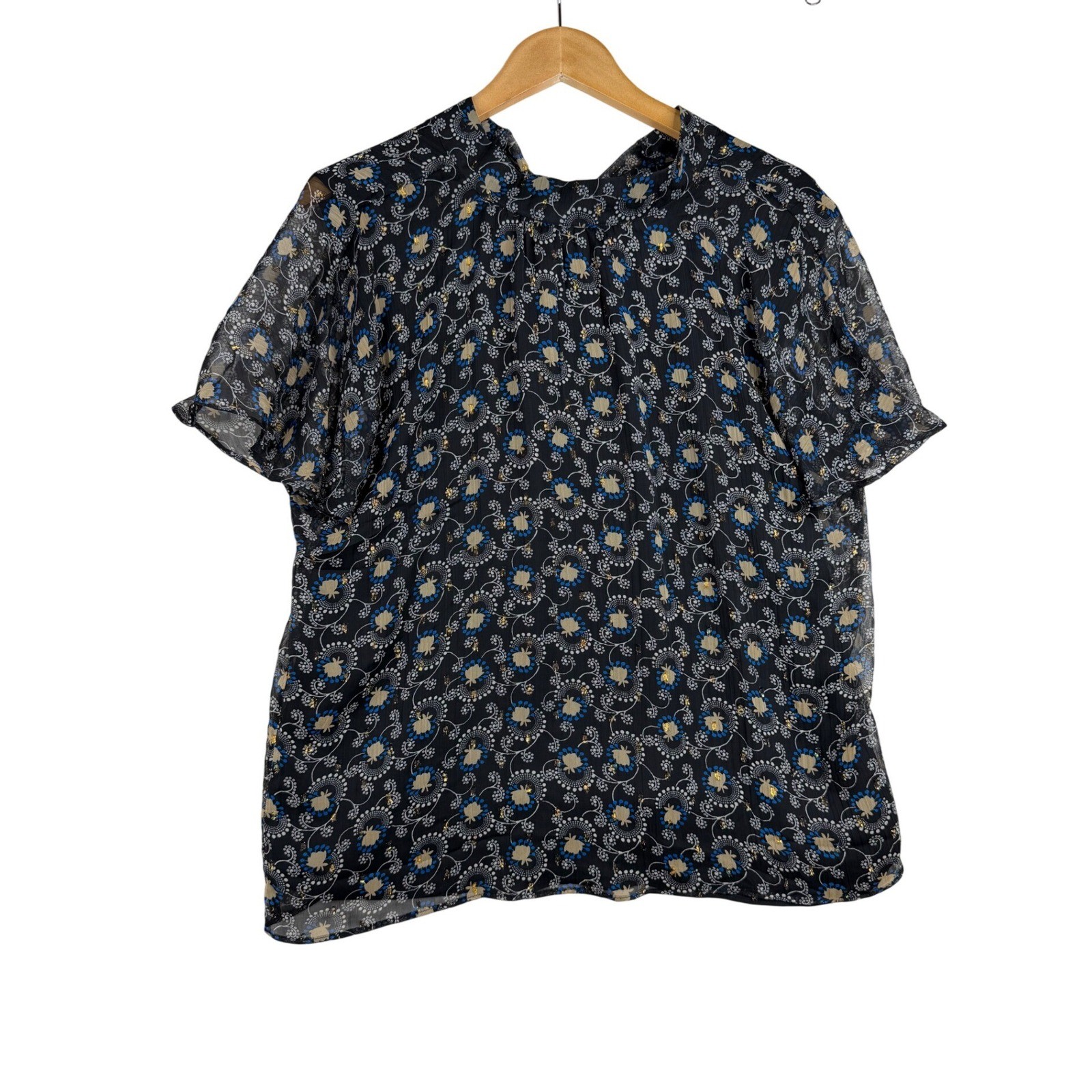 Ann Taylor Floral Print Short Sleeve Blouse size Medium Black/Yellow/Blue