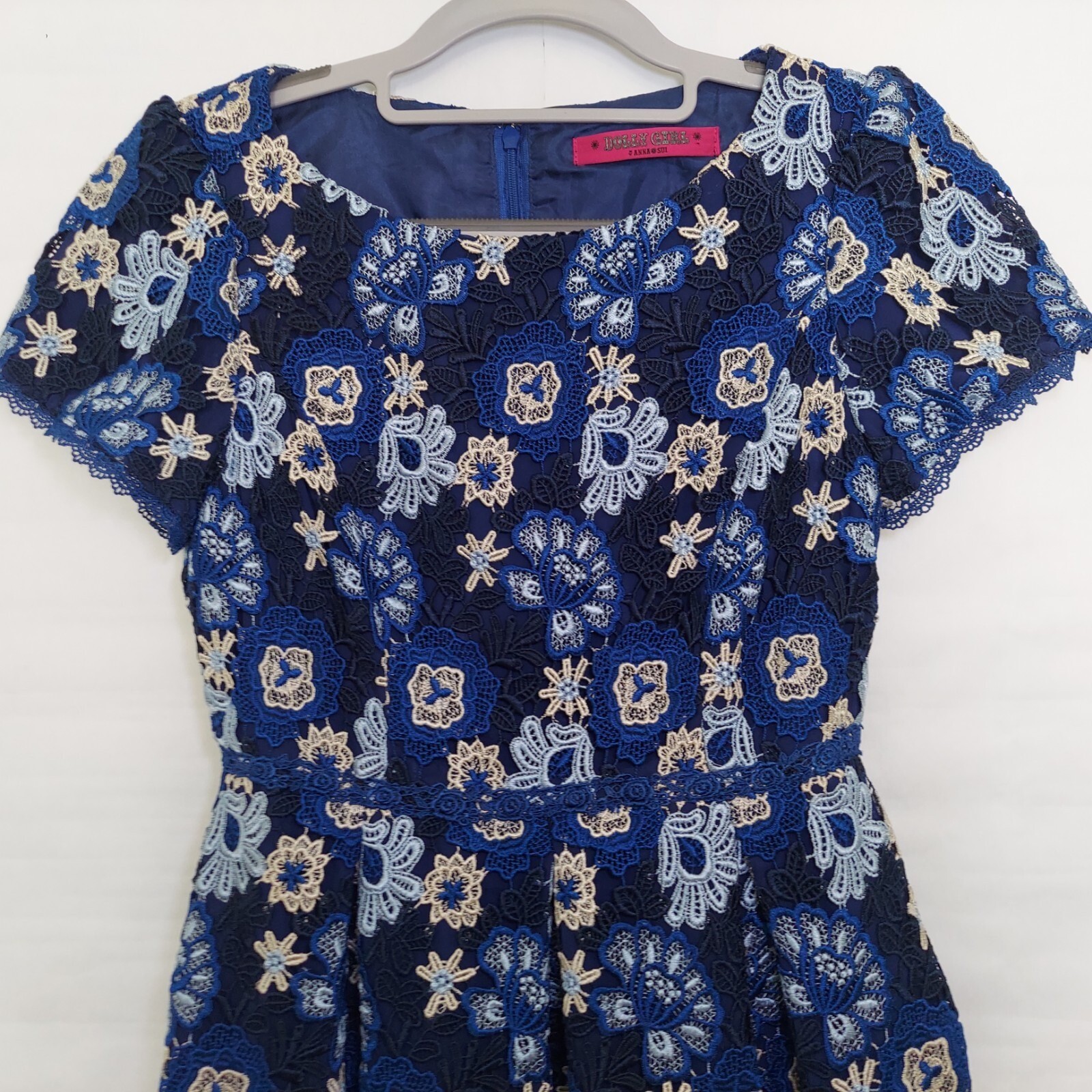 Dolly Girl by Anna Sui Dress 2 Blue Retro Floral Embroidery Guipure Short Sleeve