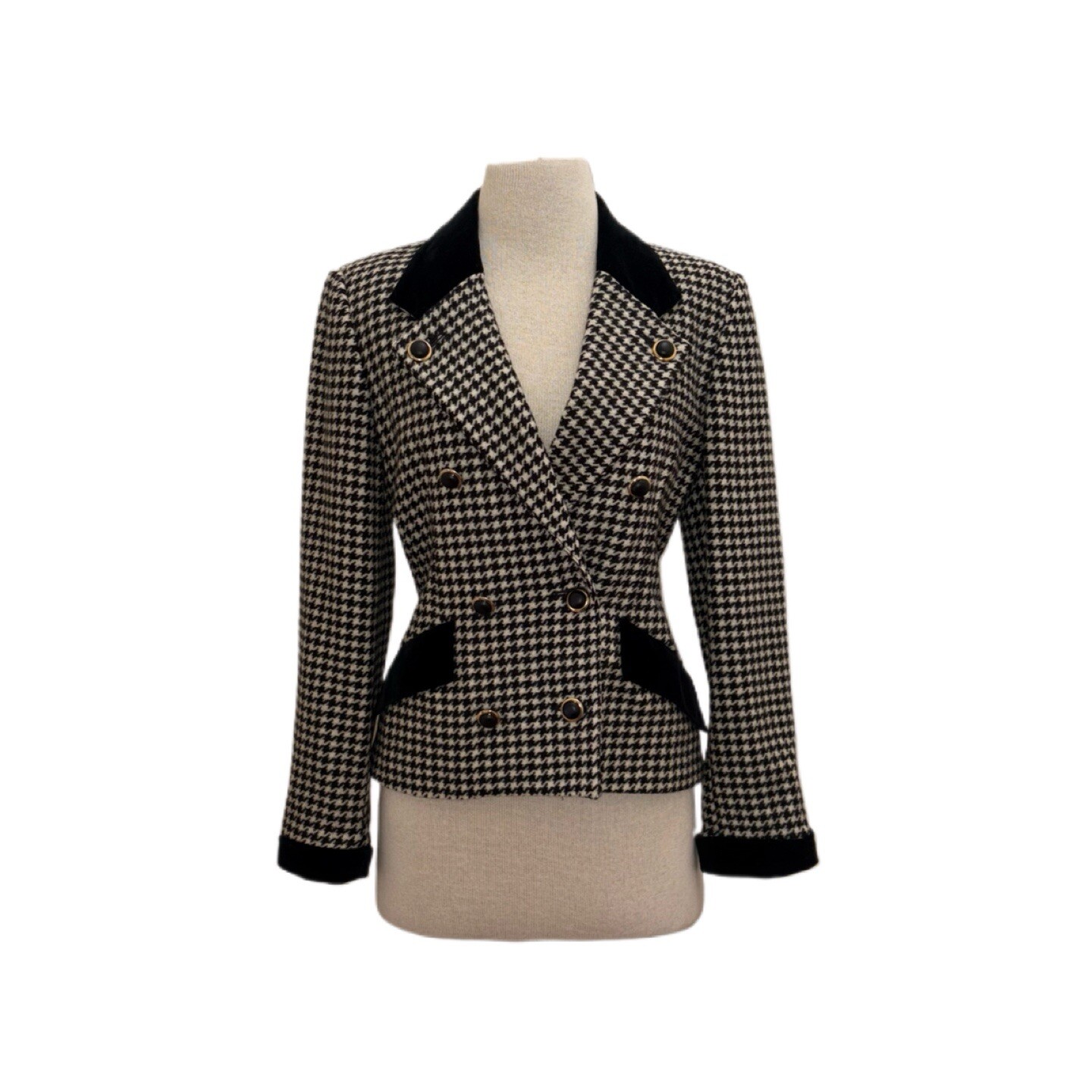 Vintage 80s Black/White Wool Houndstooth Double Breasted Blazer Sz S/M Old Money