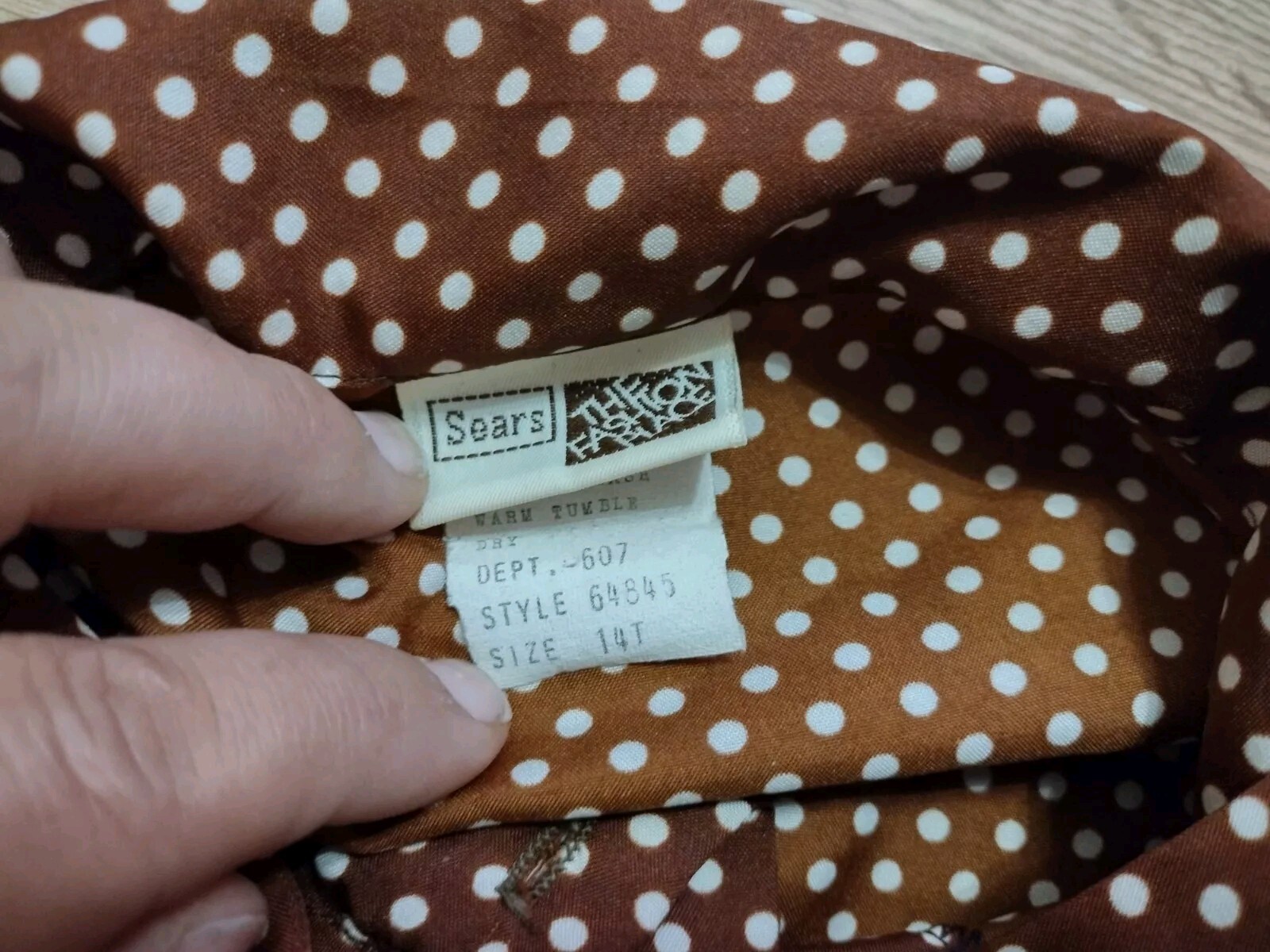Vintage Womens 14T Sears Fashion Place Brown Polka Dot Tie Blouse Shirt Top VTG