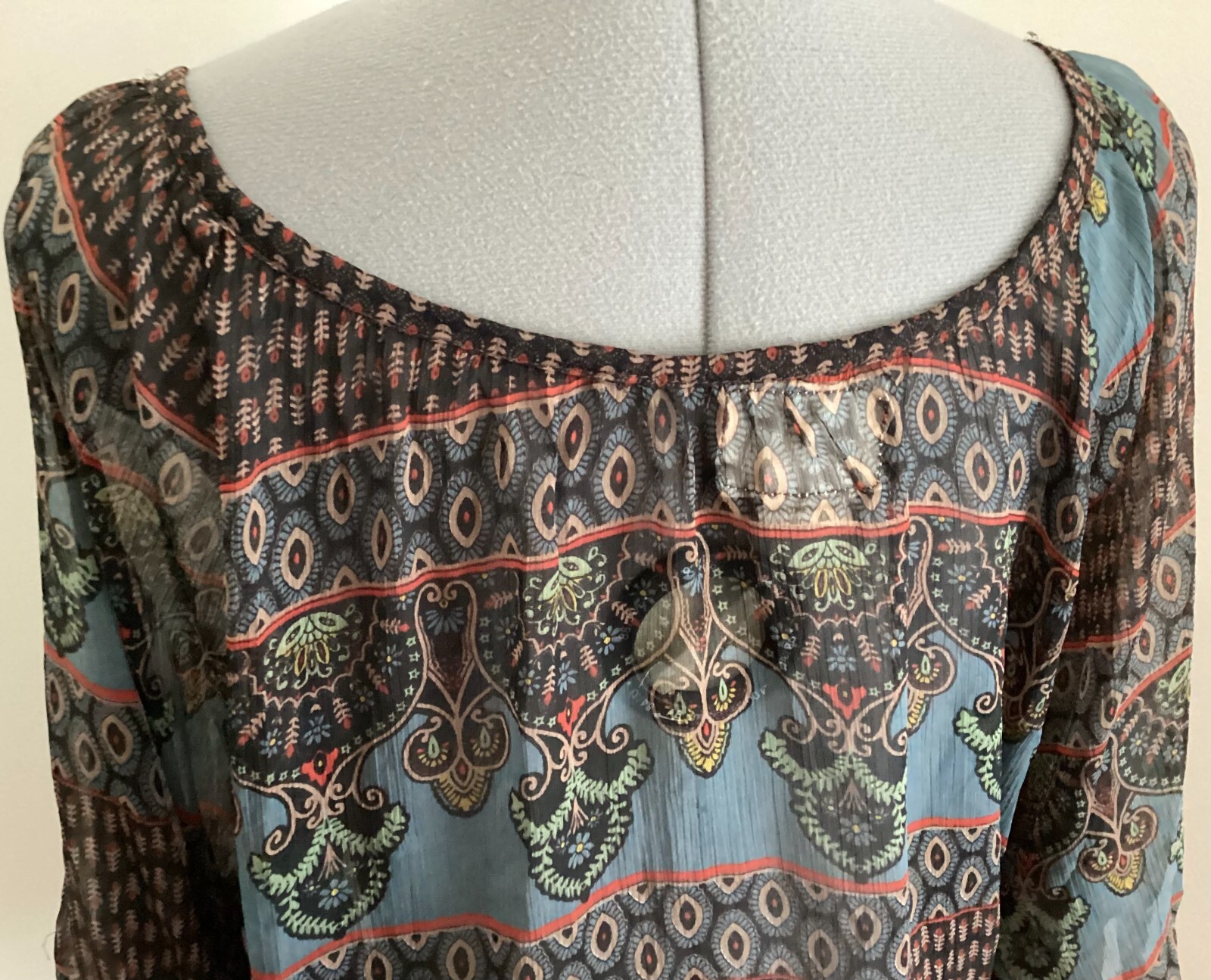 VTG Passport Pier 1 black teal pattern scoop v neck button sheer BOHO 3/4 sleeve