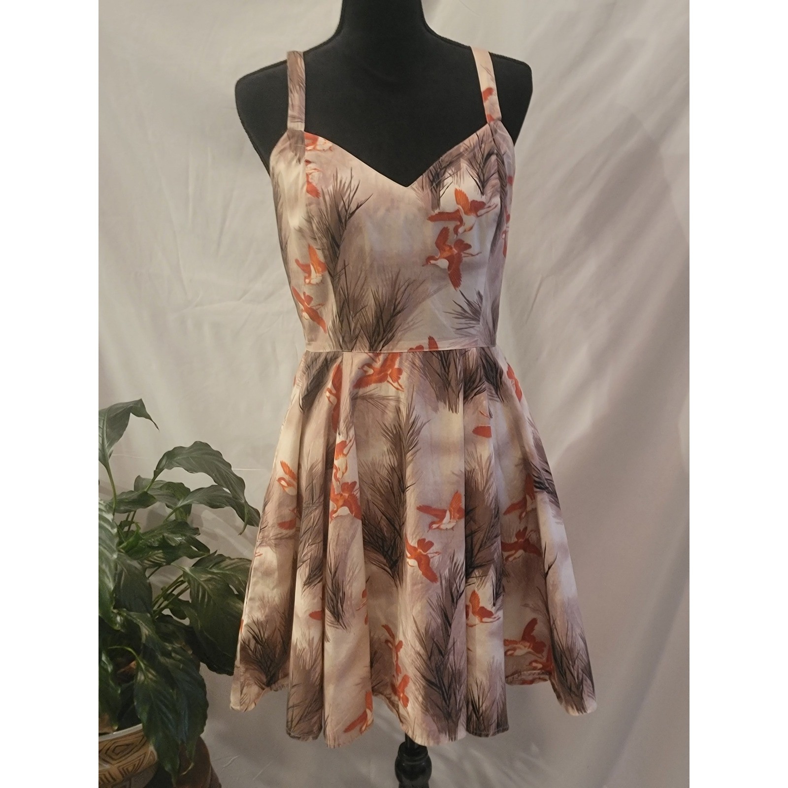 Bernie Dexter Bird Pine Print Cotton Fit Flare Dress Cream Orange Rockabilly M
