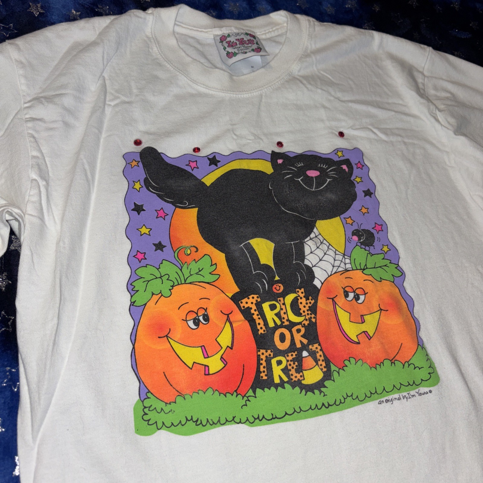 Vintage 90s Trick Or Treat Cat With Pumpkins Im Yours Brand With Pink Rhinestone