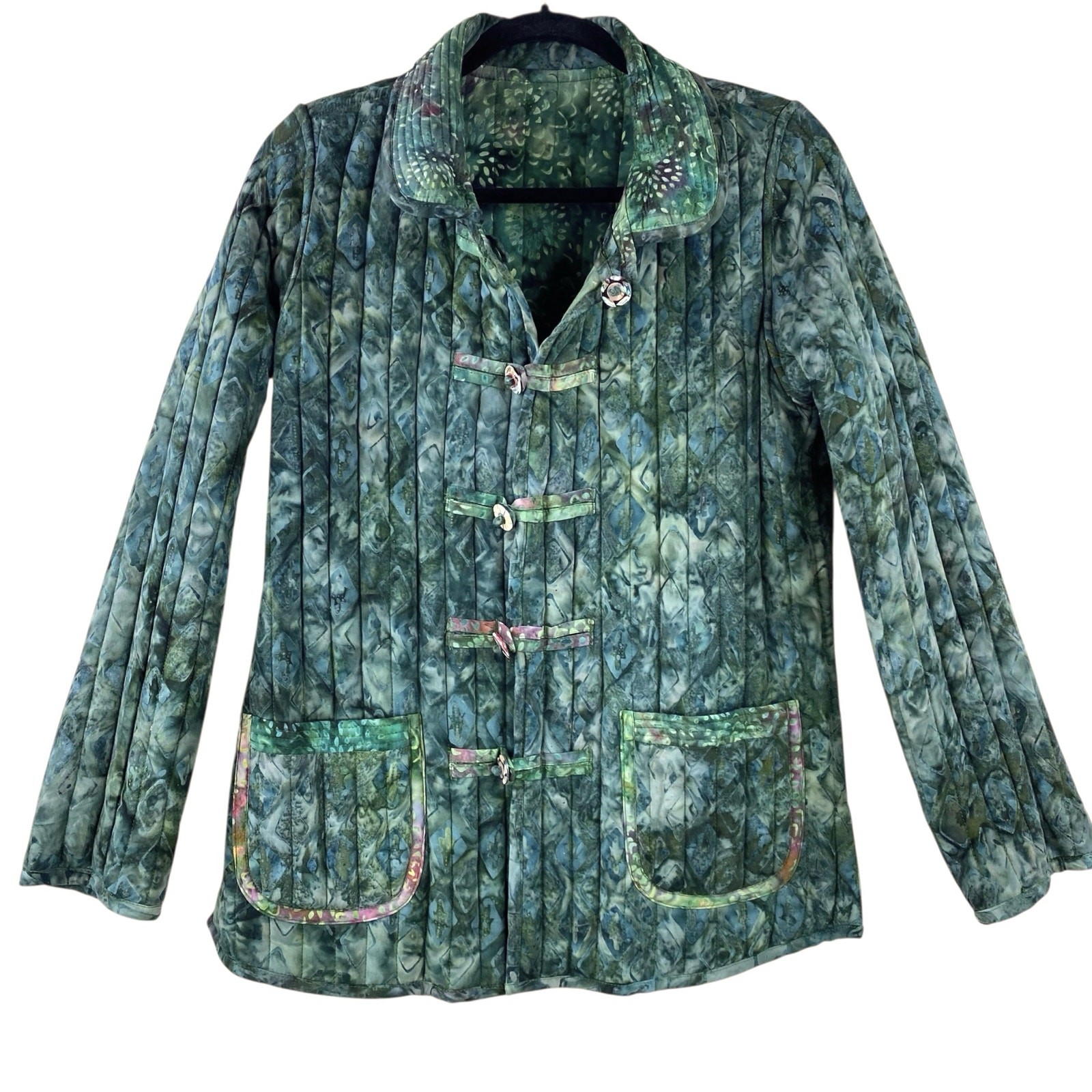 Vintage Floral Batik Quilted Reversible Jacket Size S/M Blue Green Boho