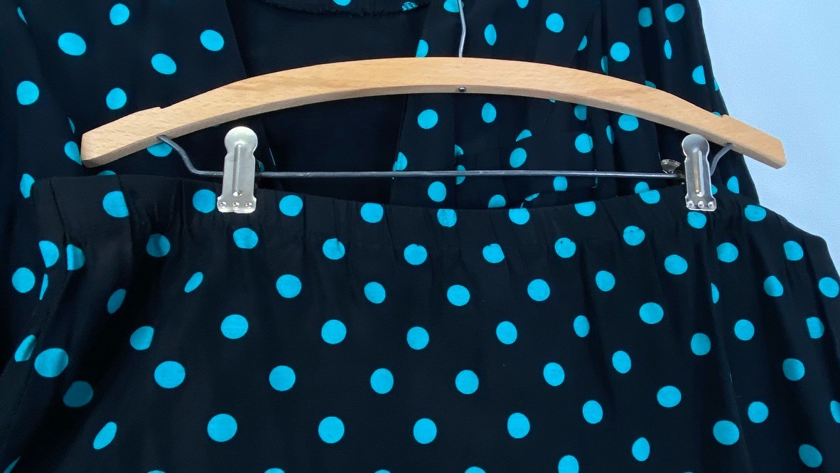 Vintage 1980s black polka dot suit L top pencil skirt set 3/4 sleeve teal jacket