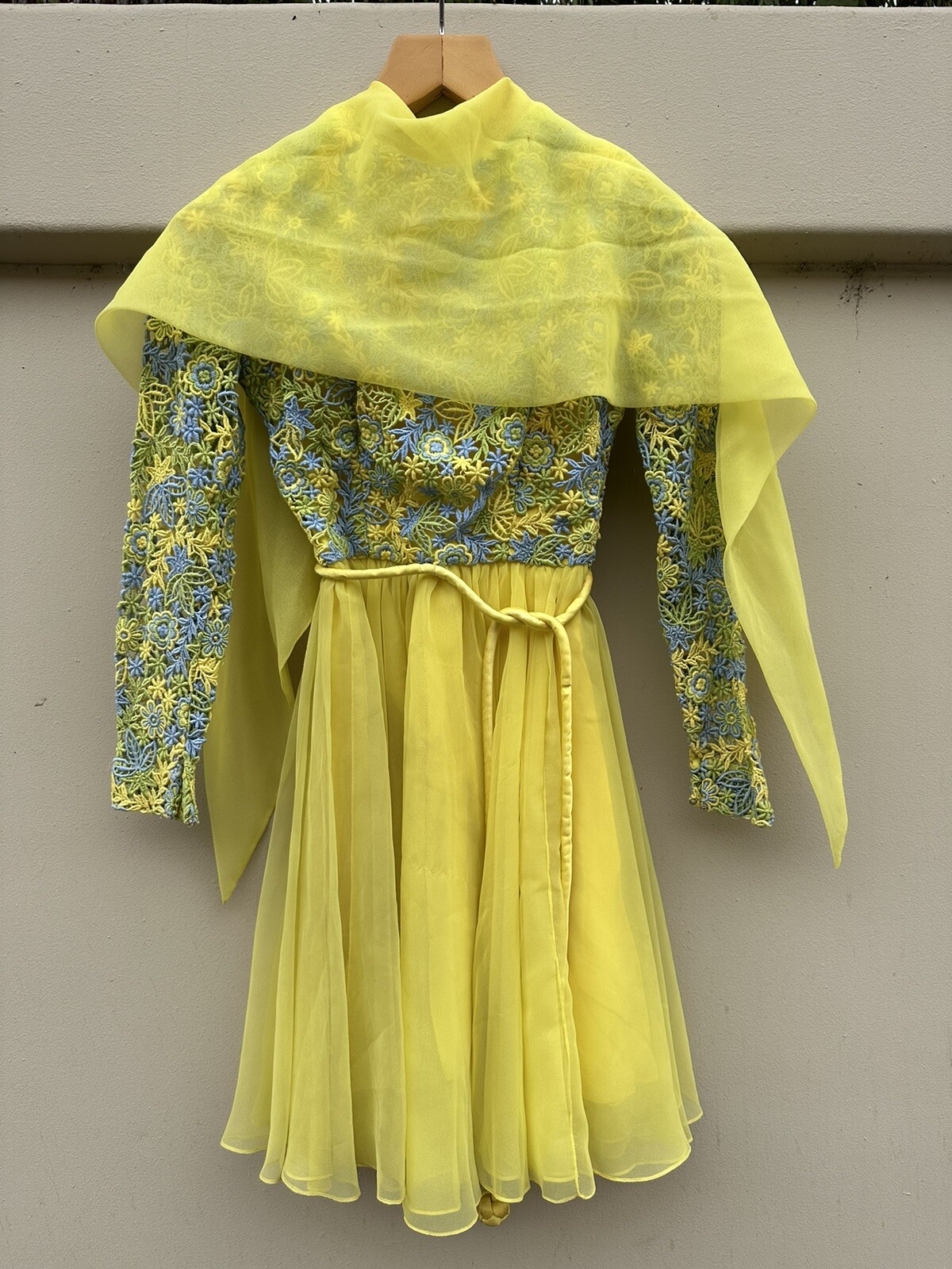 Gunne Sax Vintage Sheer Crochet Dress Yellow Multi Color Long Sleeves X/Small